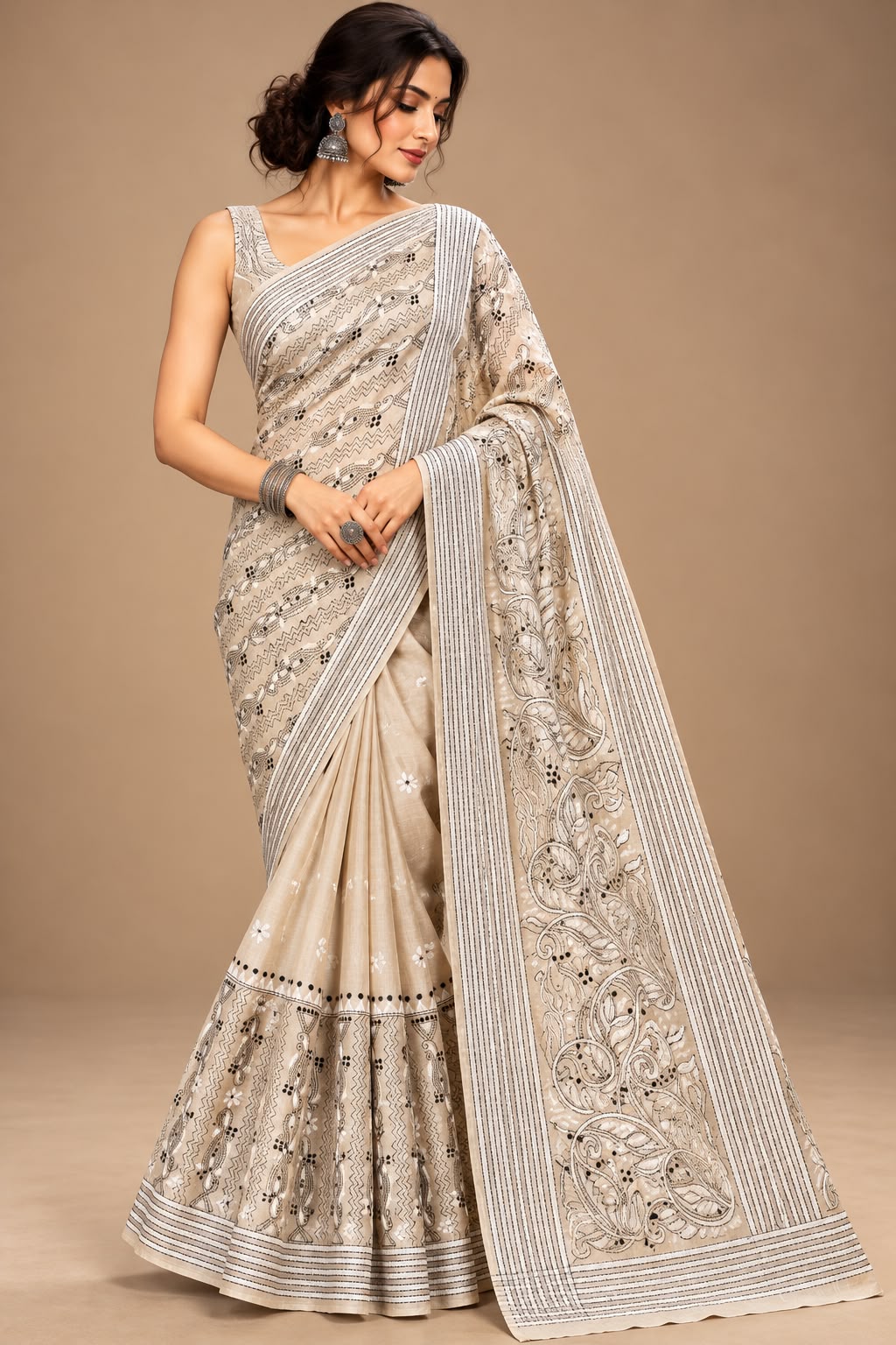 Ivory Bengal Kantha Embroidered Tussar Silk Saree