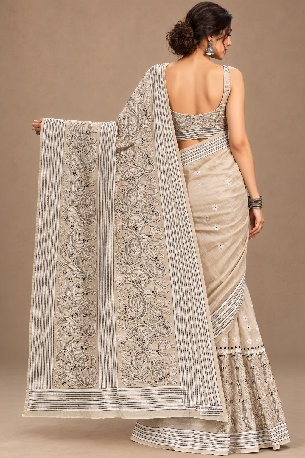 Ivory Bengal Kantha Embroidered Tussar Silk Saree