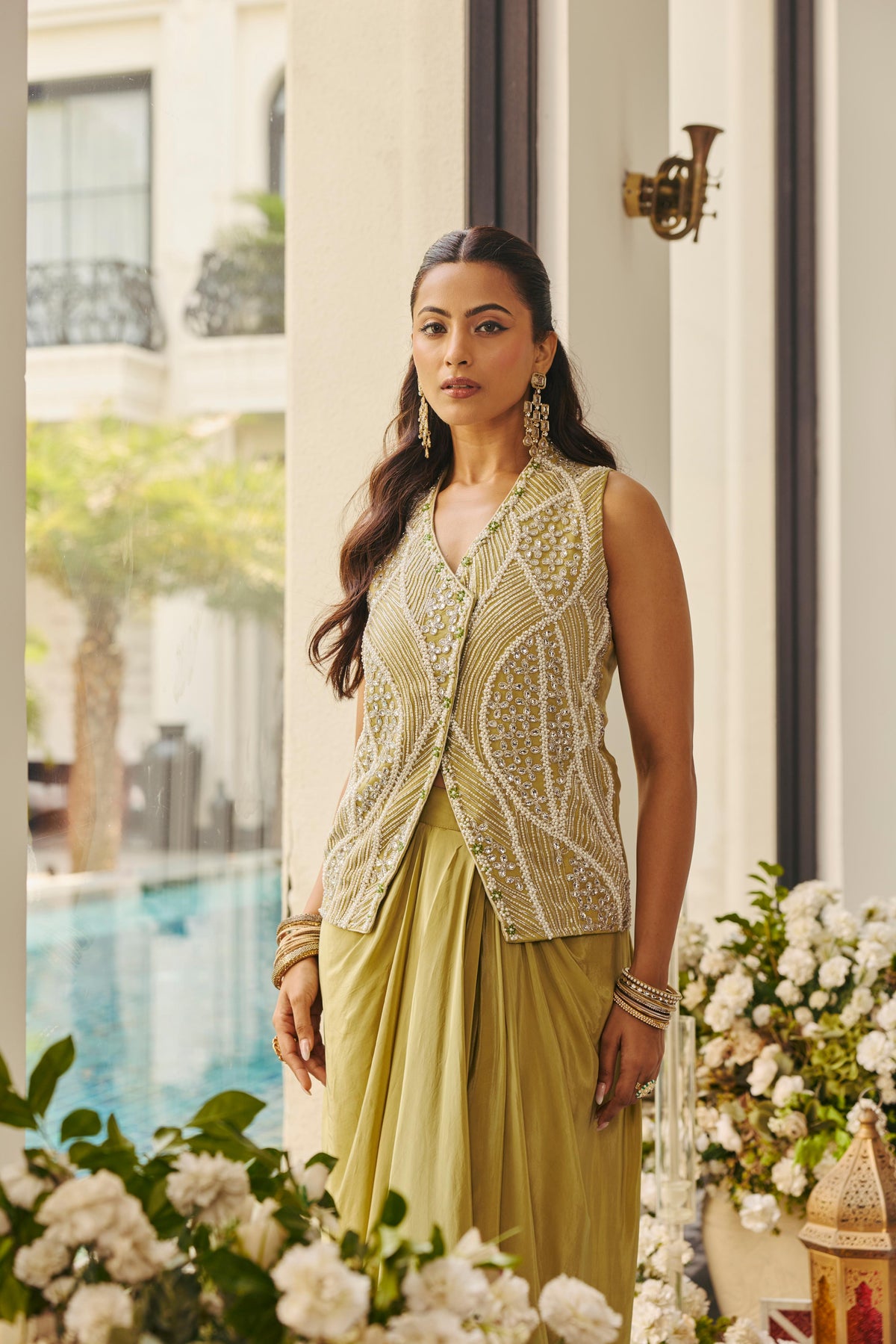 Light Sage Embellished Crepe Silk Skirt Set
