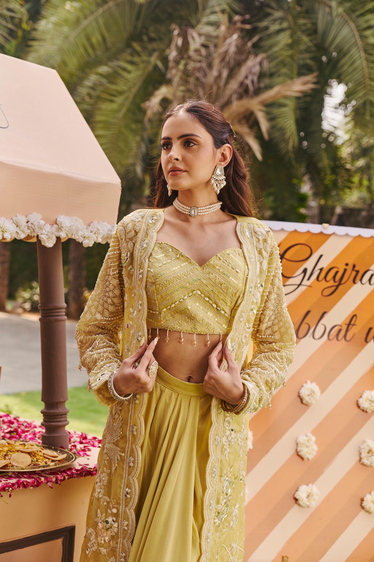Lime Green Embellished Organza Cape Set