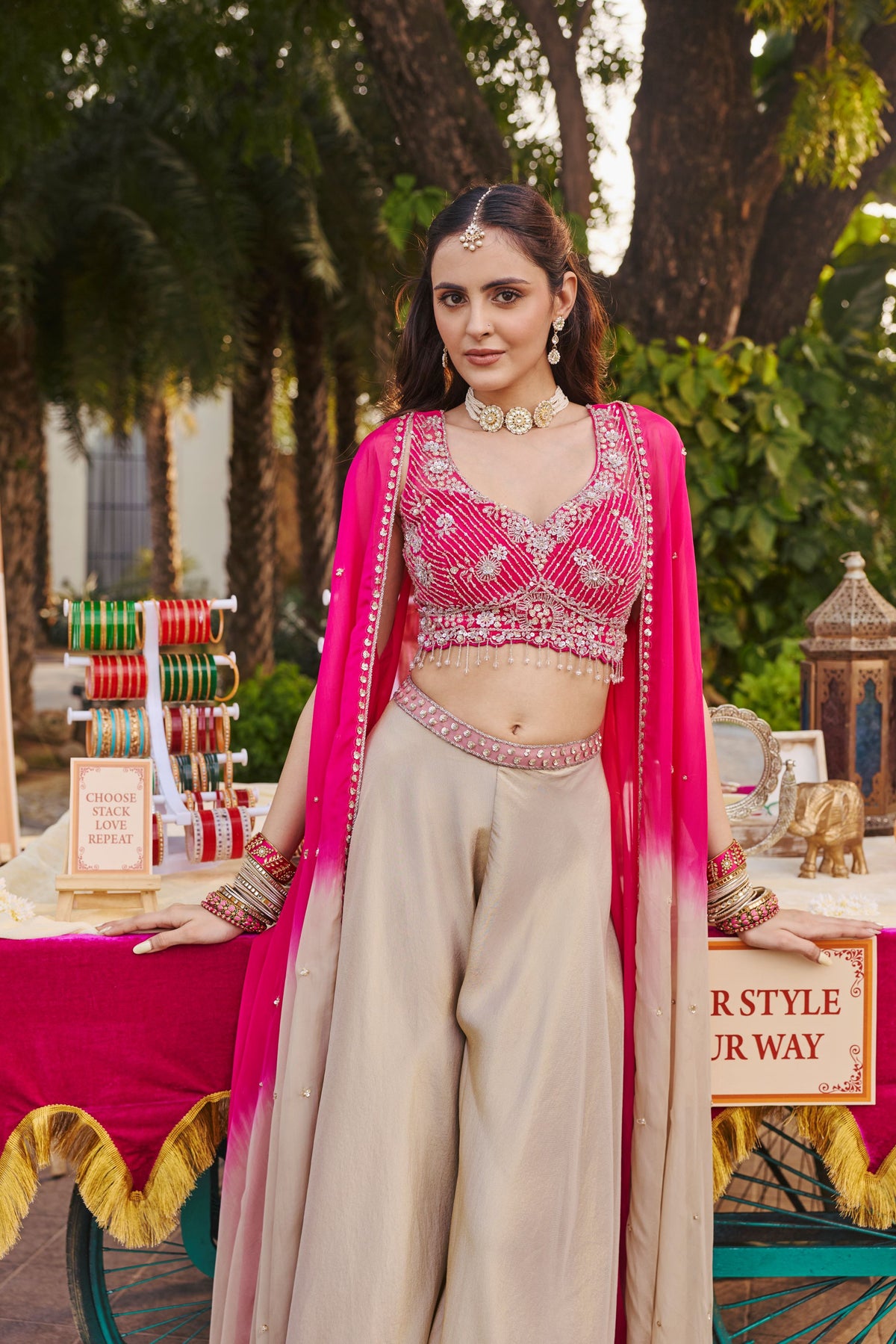 Rani Pink Embellished Tissue Silk Palazzo Set