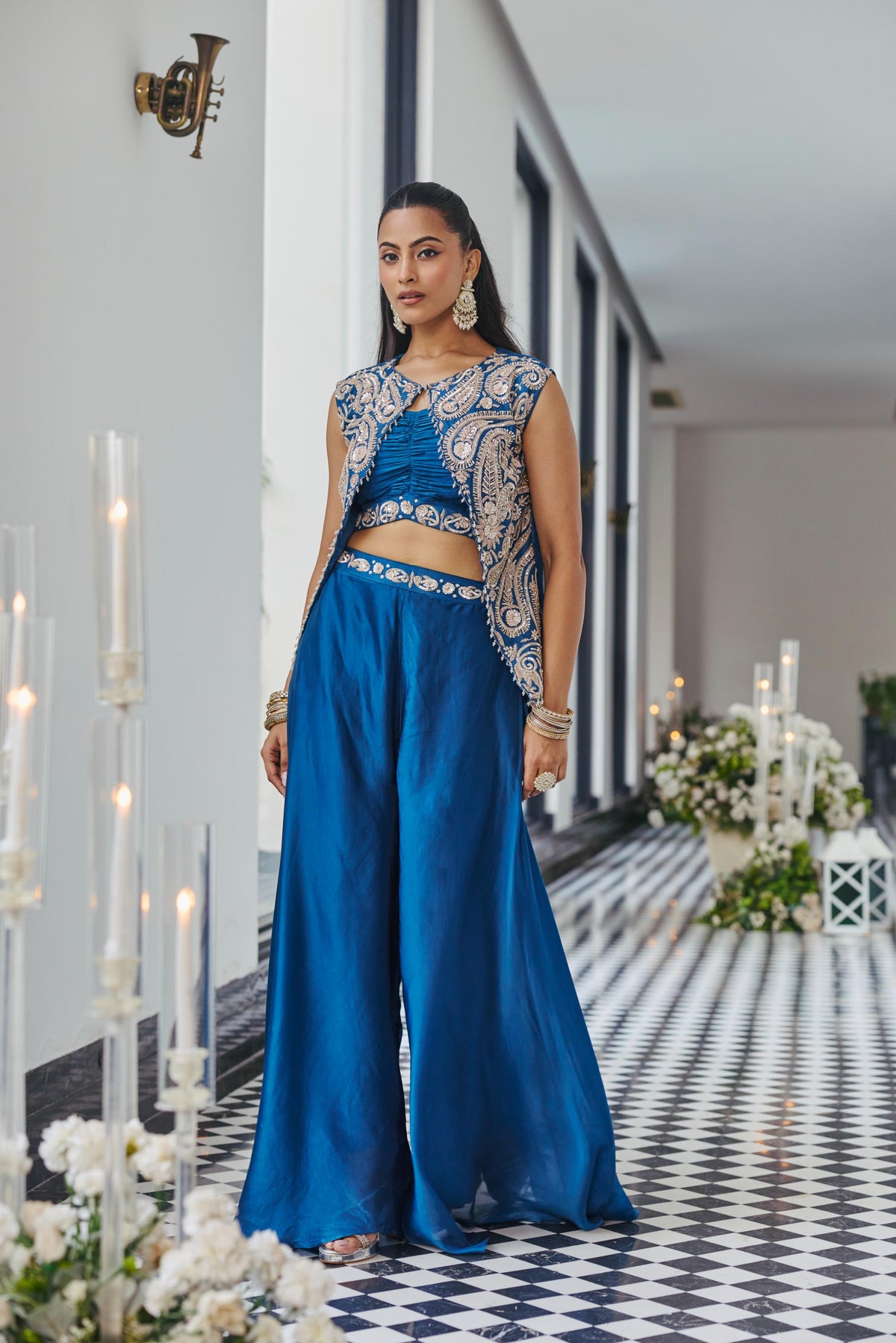 Peacock Blue Embellished Crepe Silk Palazzo Set