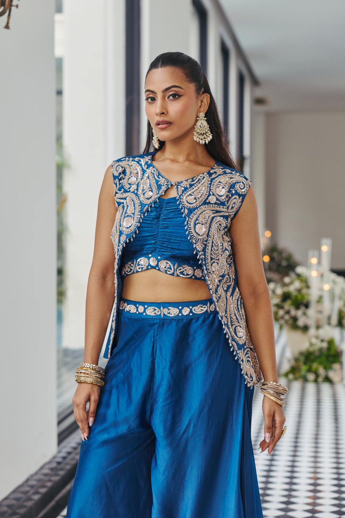 Peacock Blue Embellished Crepe Silk Palazzo Set
