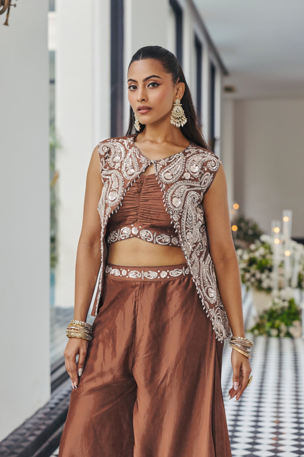 Coffee Brown Embellished Crepe Silk Palazzo Set