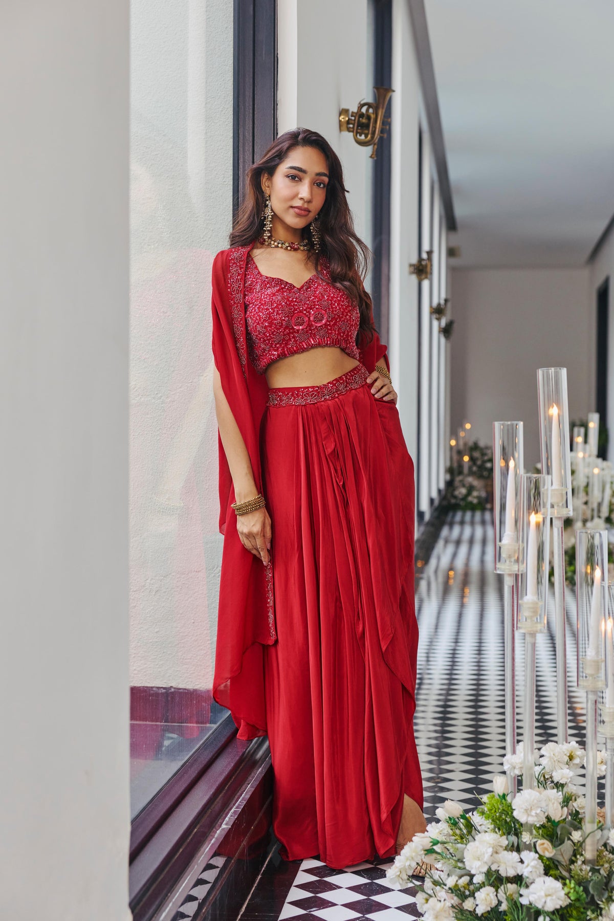 Rich Crimson Red Embellished Shimmer Silk Skirt Set