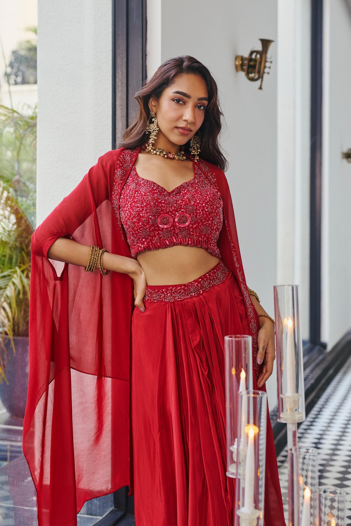 Rich Crimson Red Embellished Shimmer Silk Skirt Set