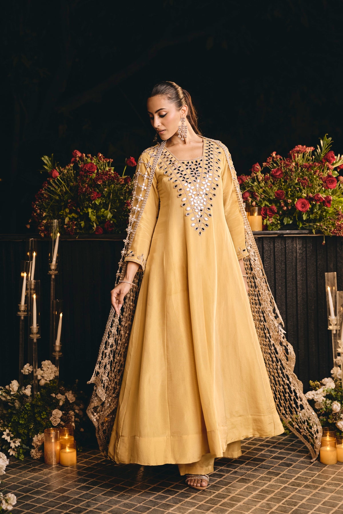 Metallic Yellow Embellished Tissue Silk Anarkali Set