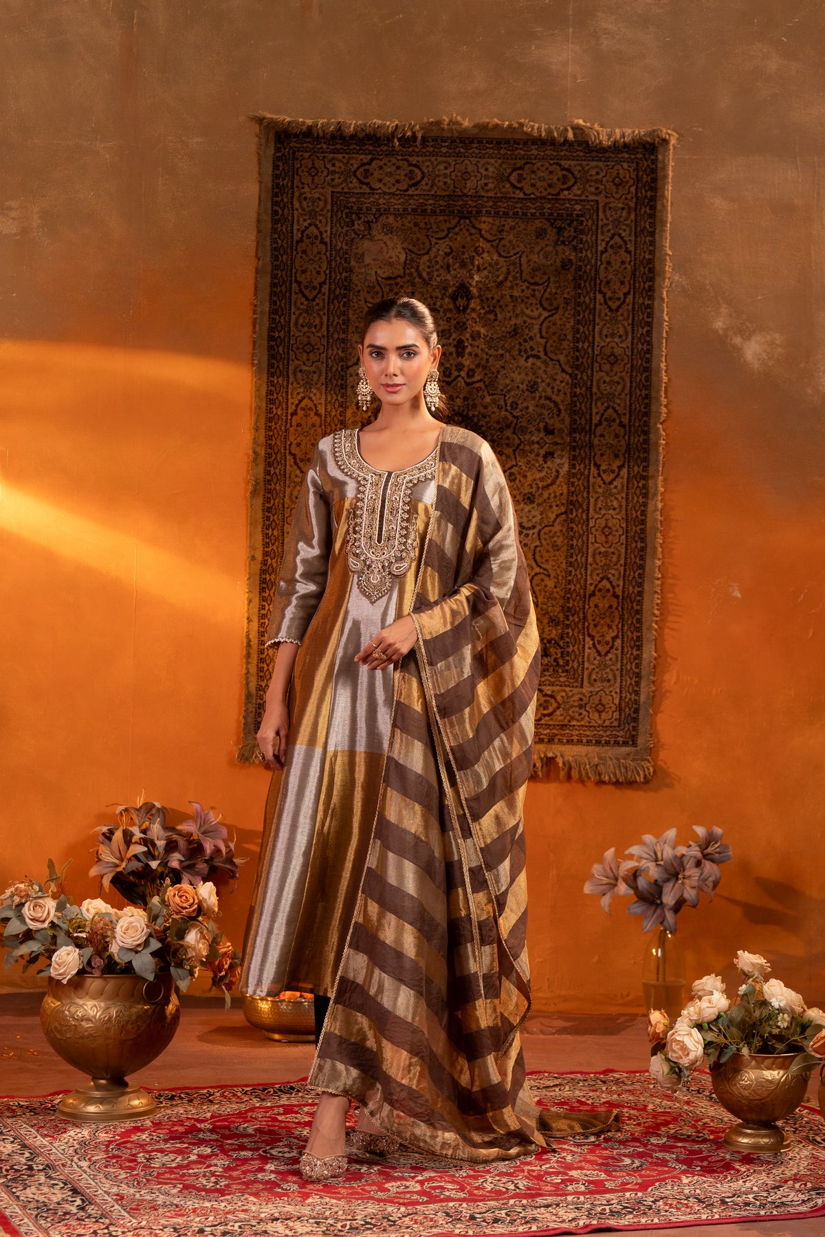 Mettalic Brown Embellished Shimmer Silk Anarkali Set
