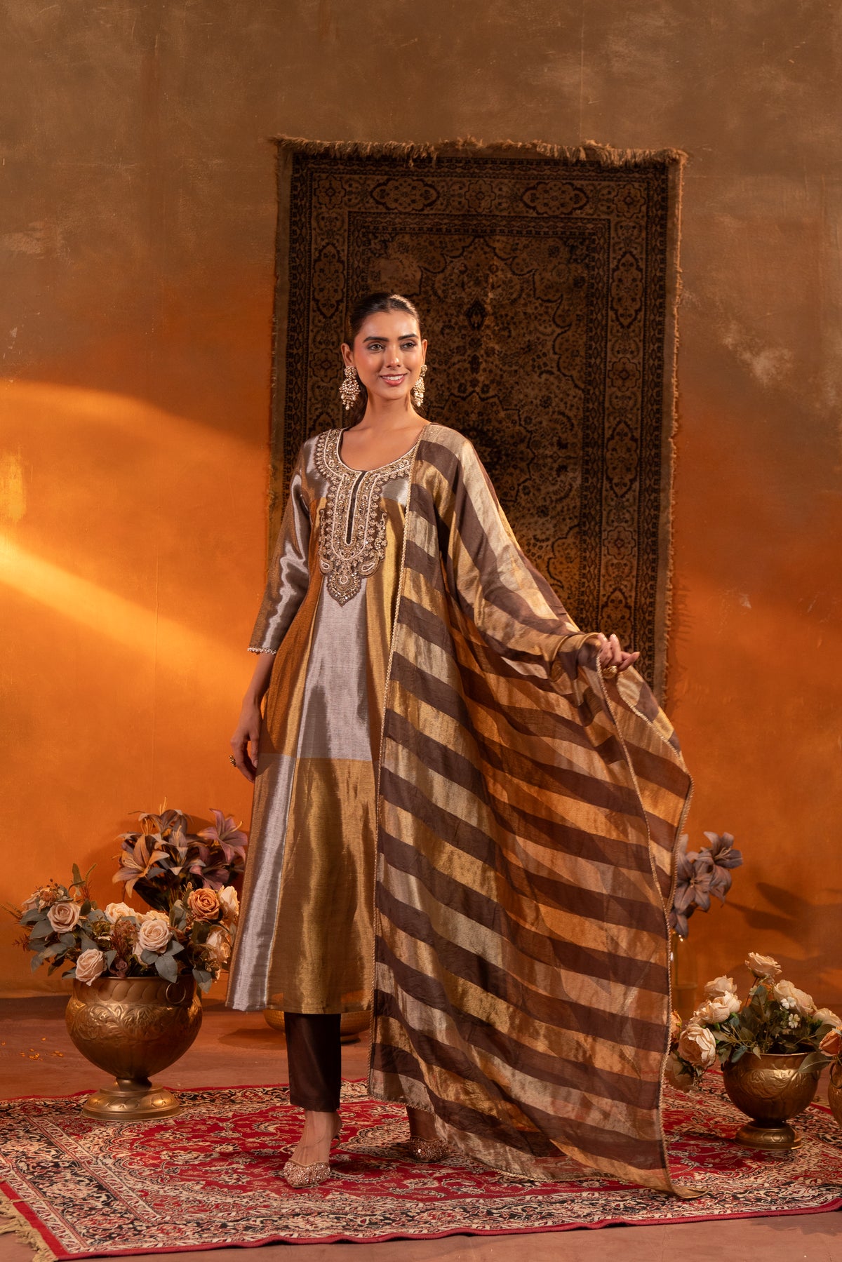 Mettalic Brown Embellished Shimmer Silk Anarkali Set