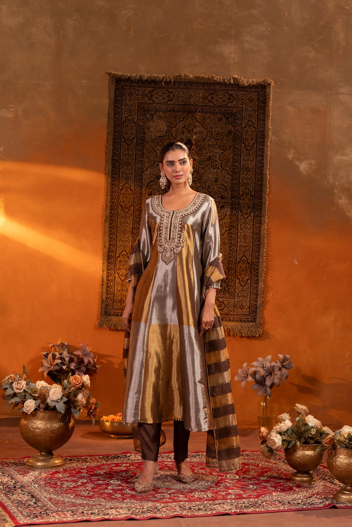 Mettalic Brown Embellished Shimmer Silk Anarkali Set