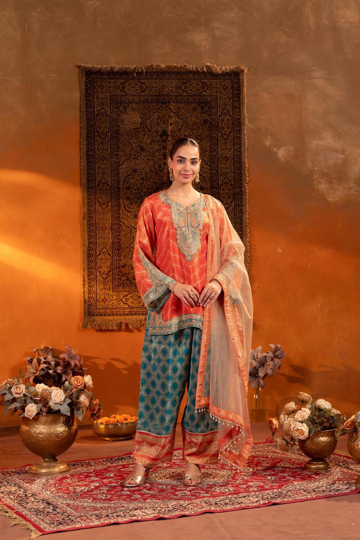 Bright Orange Embellished Shimmer Silk Salwar Set