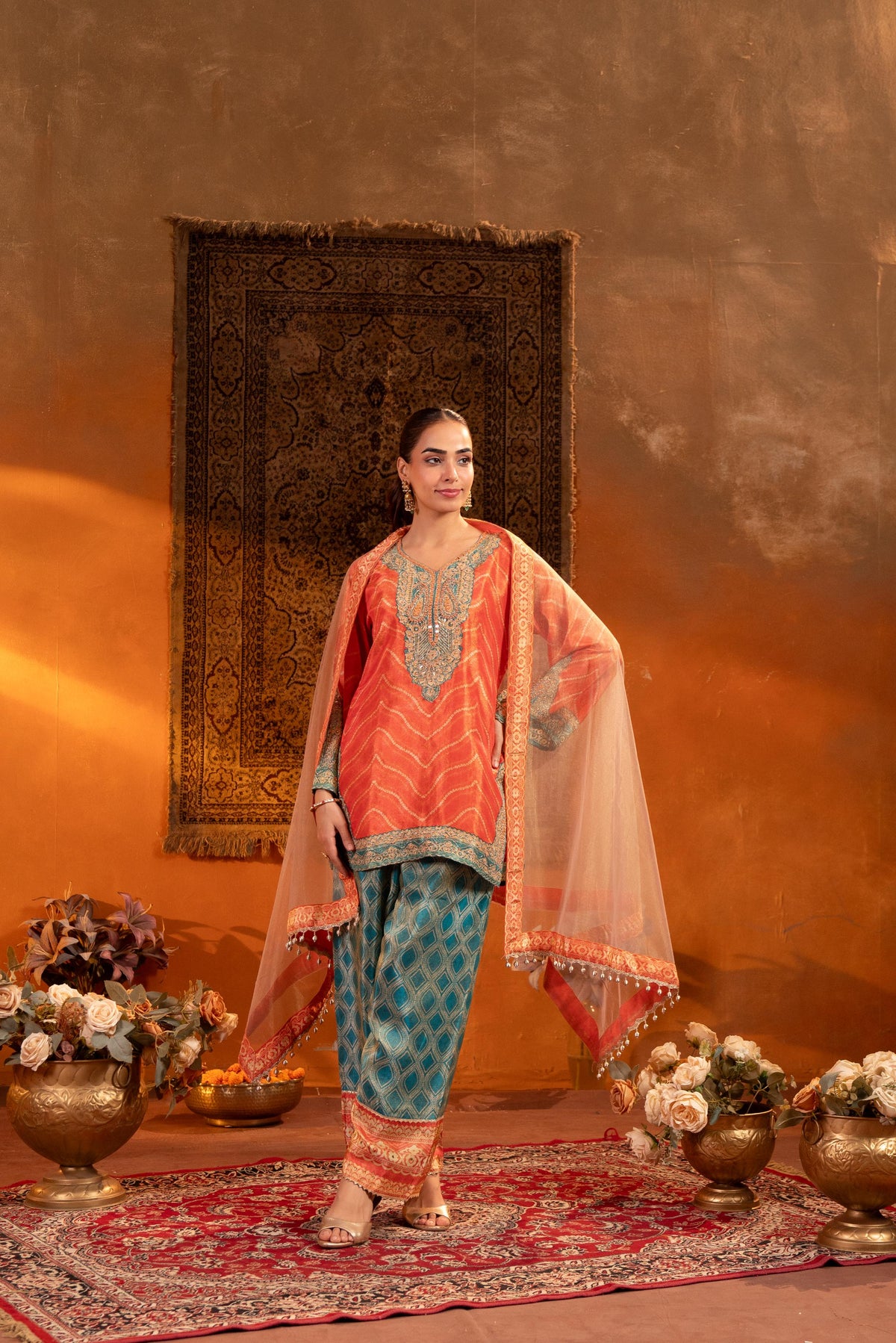 Bright Orange Embellished Shimmer Silk Salwar Set
