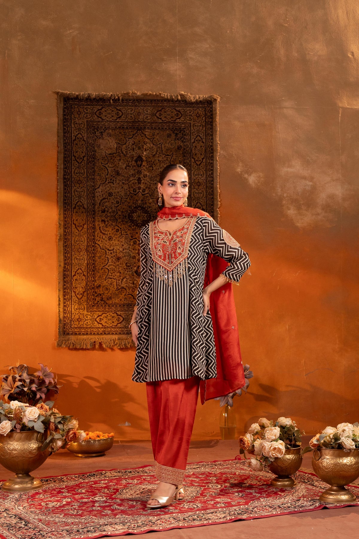 Chocolate Brown Embellished Georgette Silk Pant Set