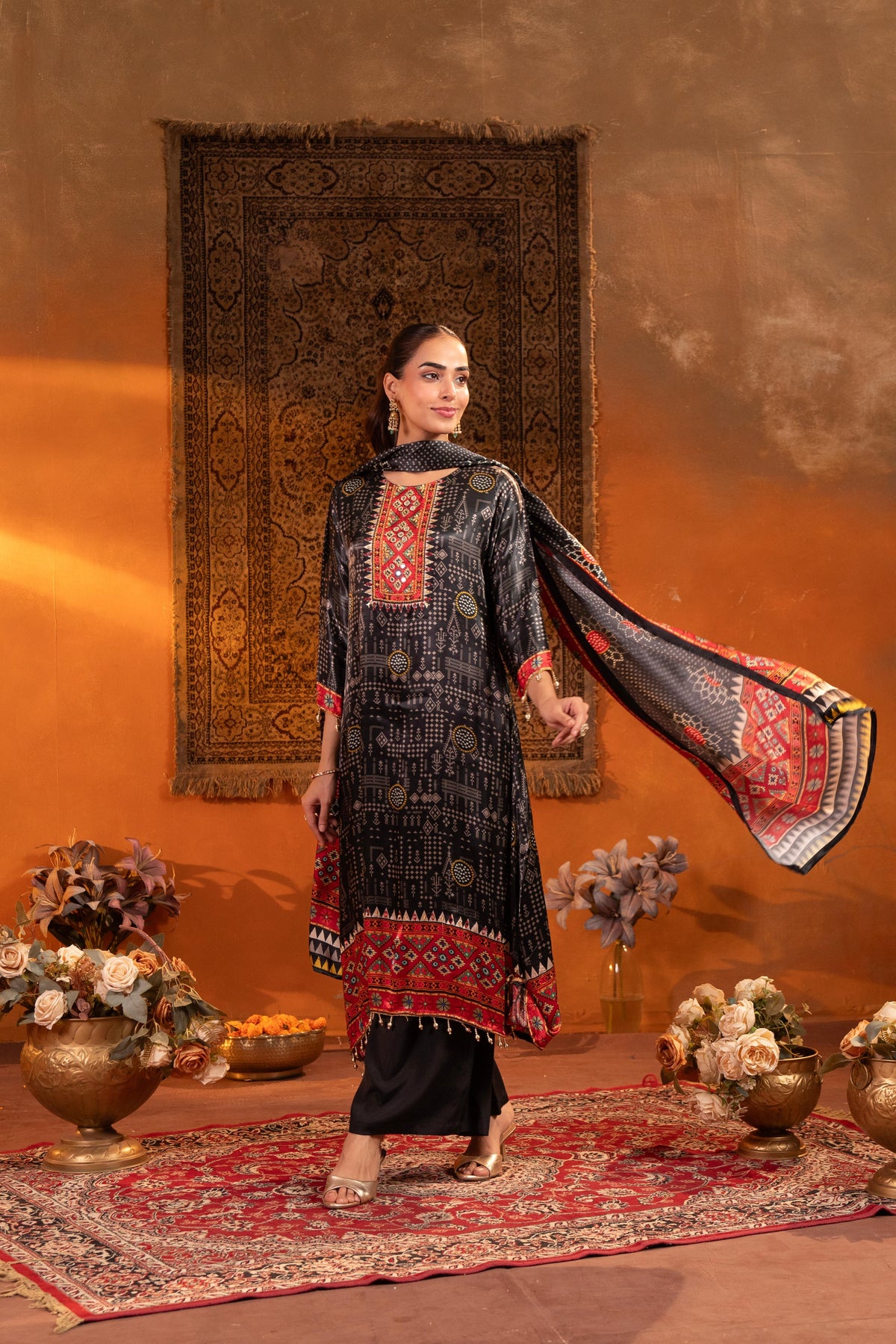 Charcoal Black Embellished Muslin Silk Pant Set