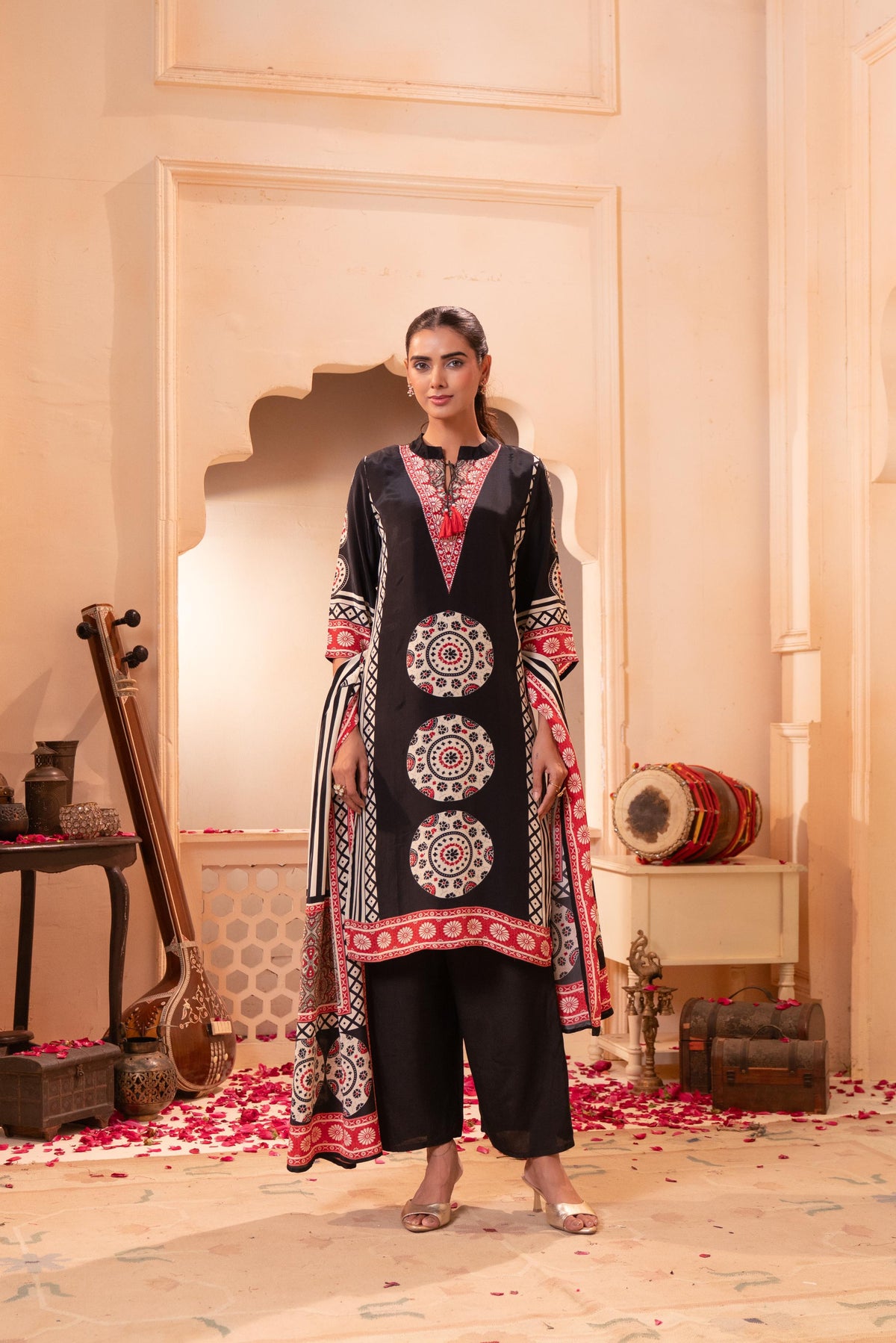 Jet Black Embellished Crepe Silk Palazzo Set