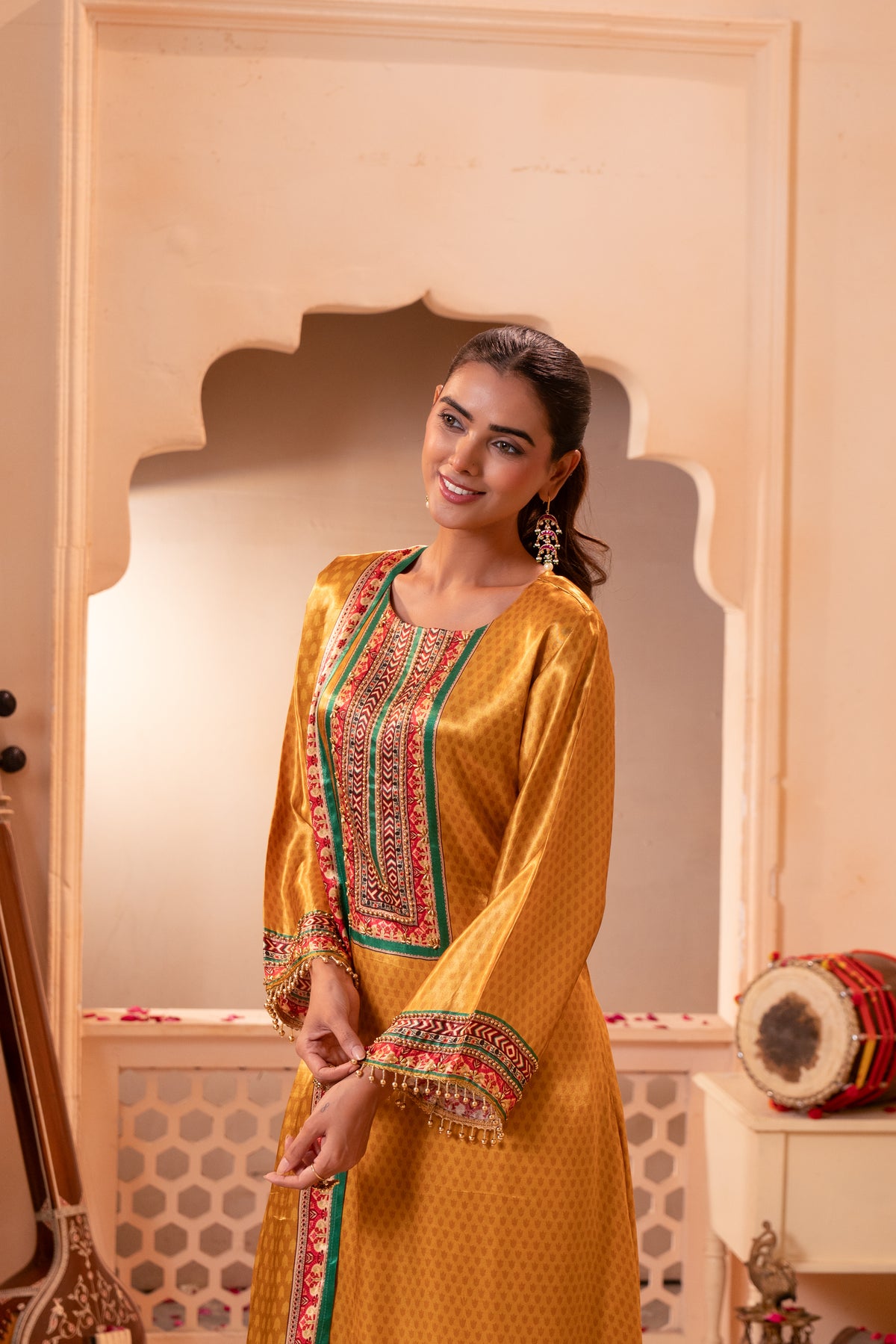 Mustard Gold Embellished Crepe Satin Silk Palazzo Set