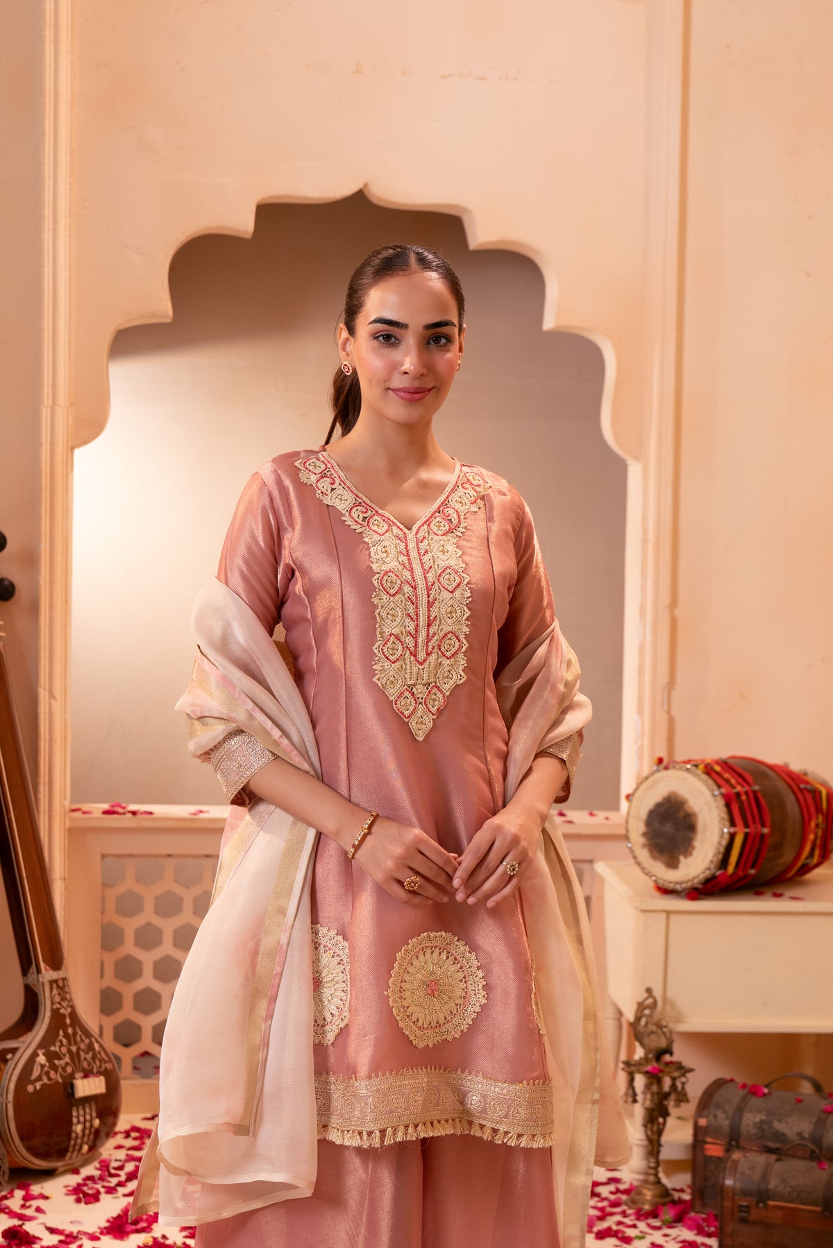 Blush Pink Embellished Shimmer Silk Palazzo Set