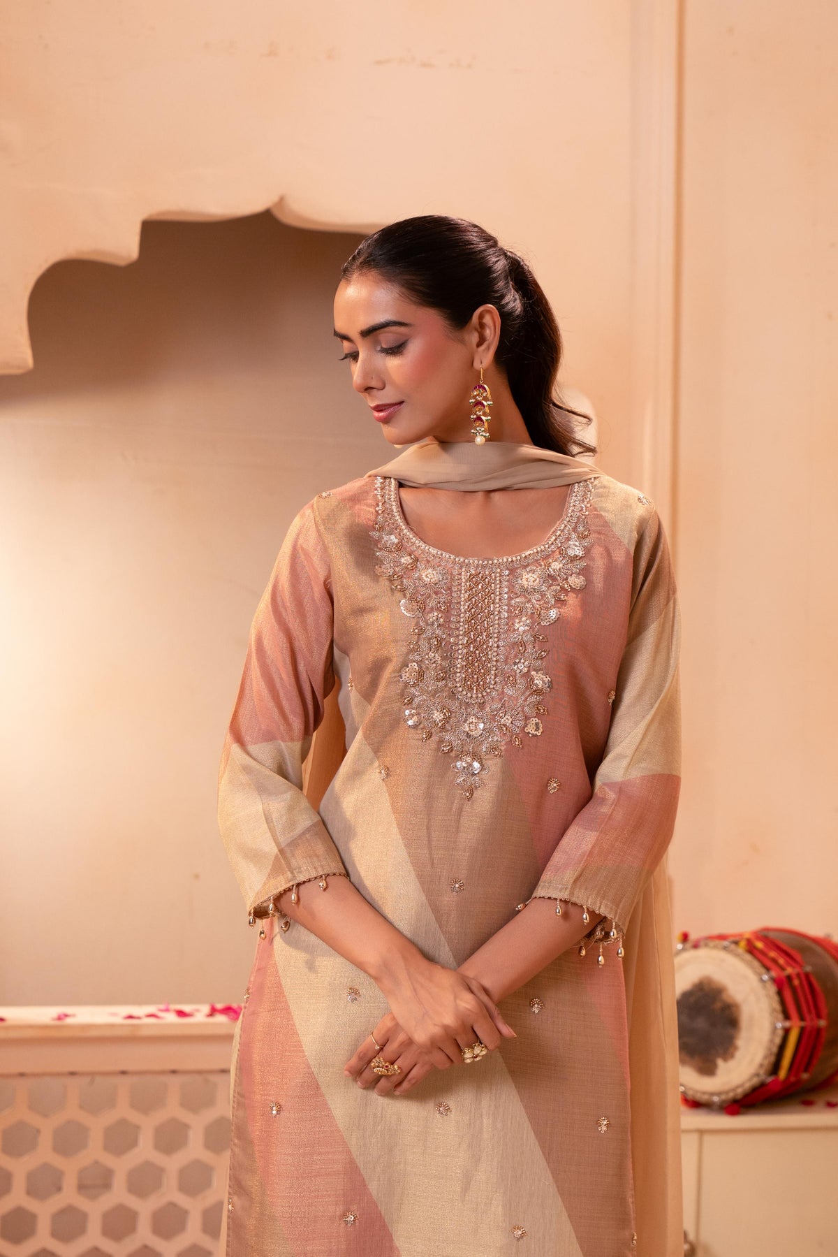 Golden Mist Embellished Banarasi Silk Pant Set