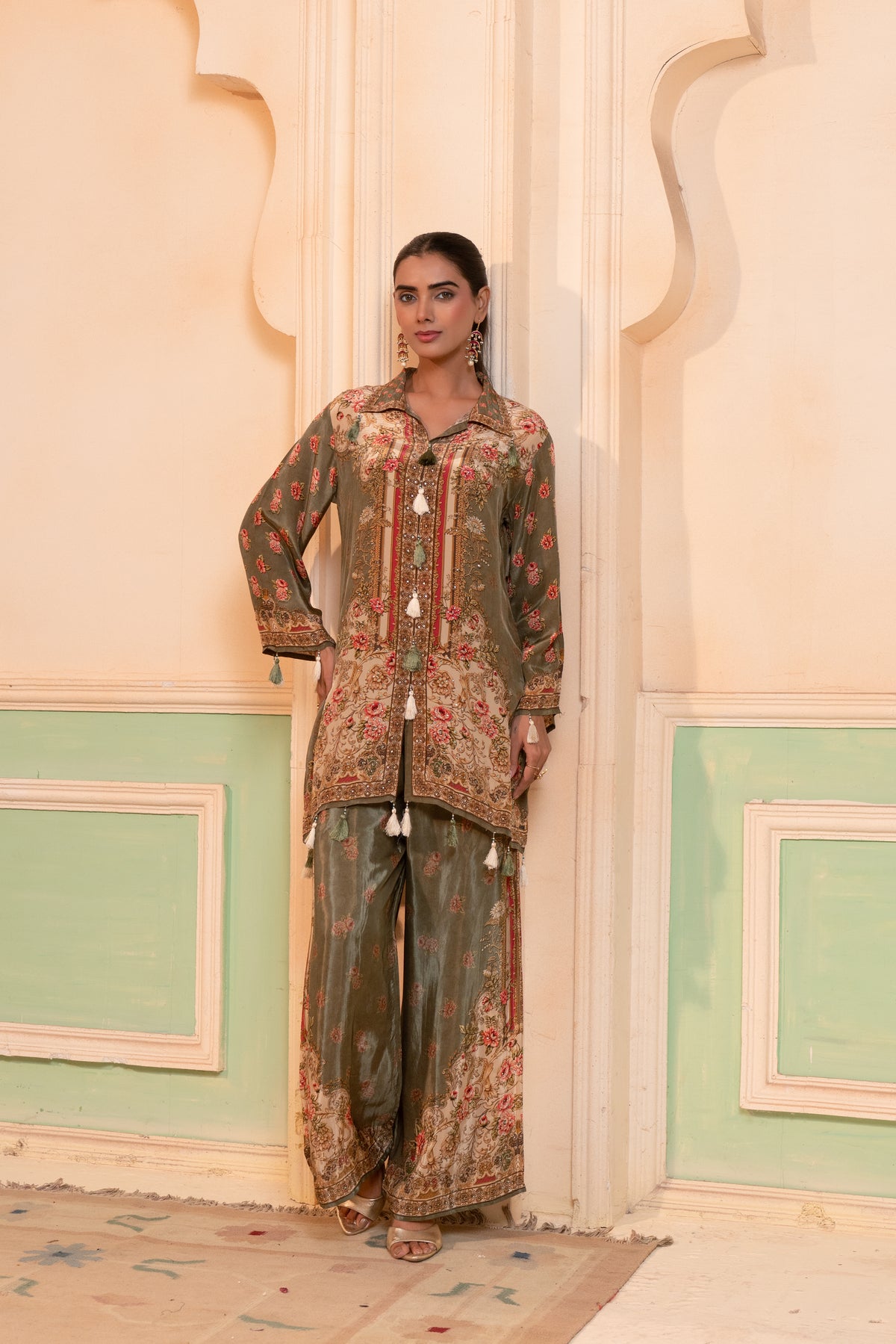 Moss Green Embellished Crepe Silk Co-Ord Set