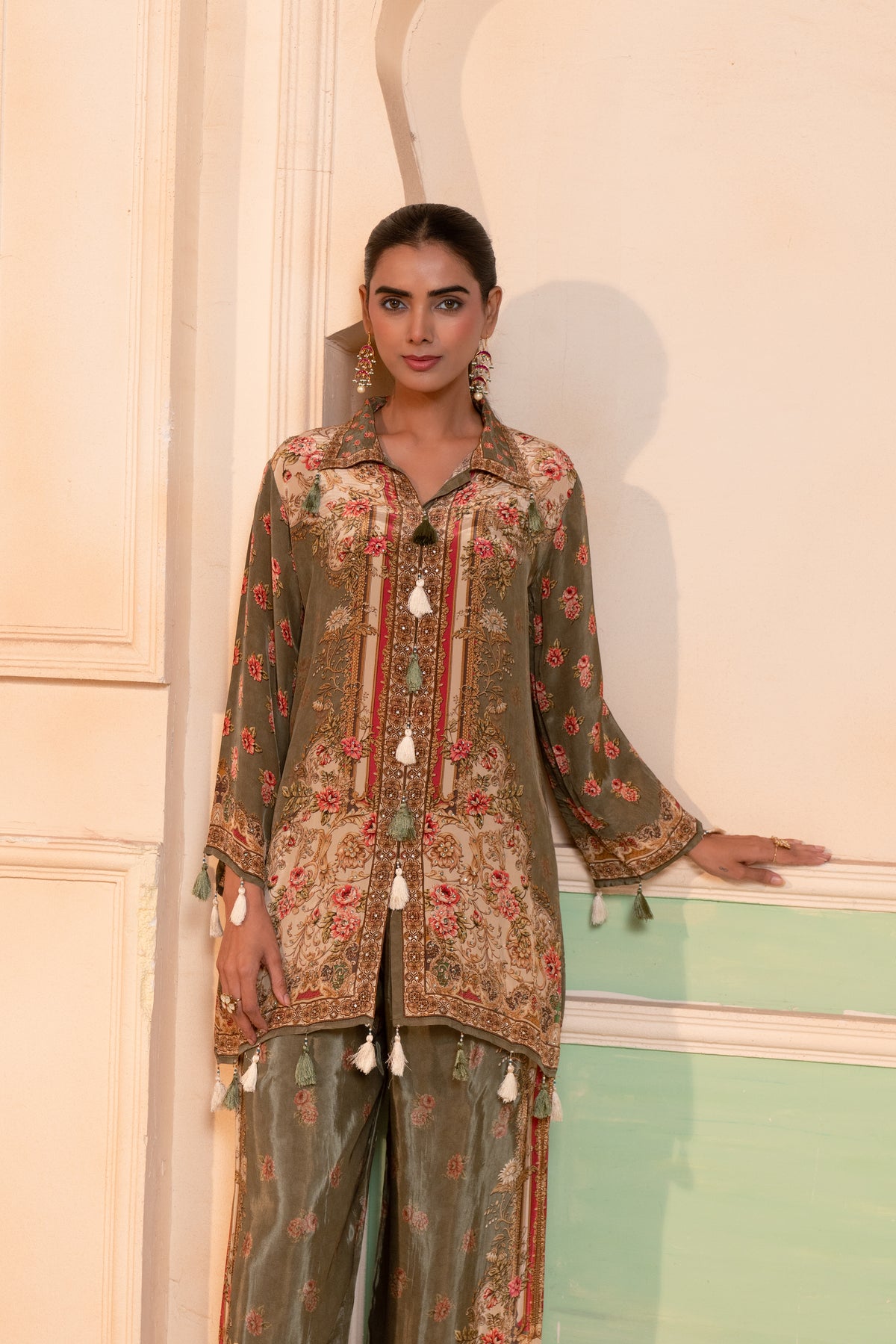 Moss Green Embellished Crepe Silk Co-Ord Set