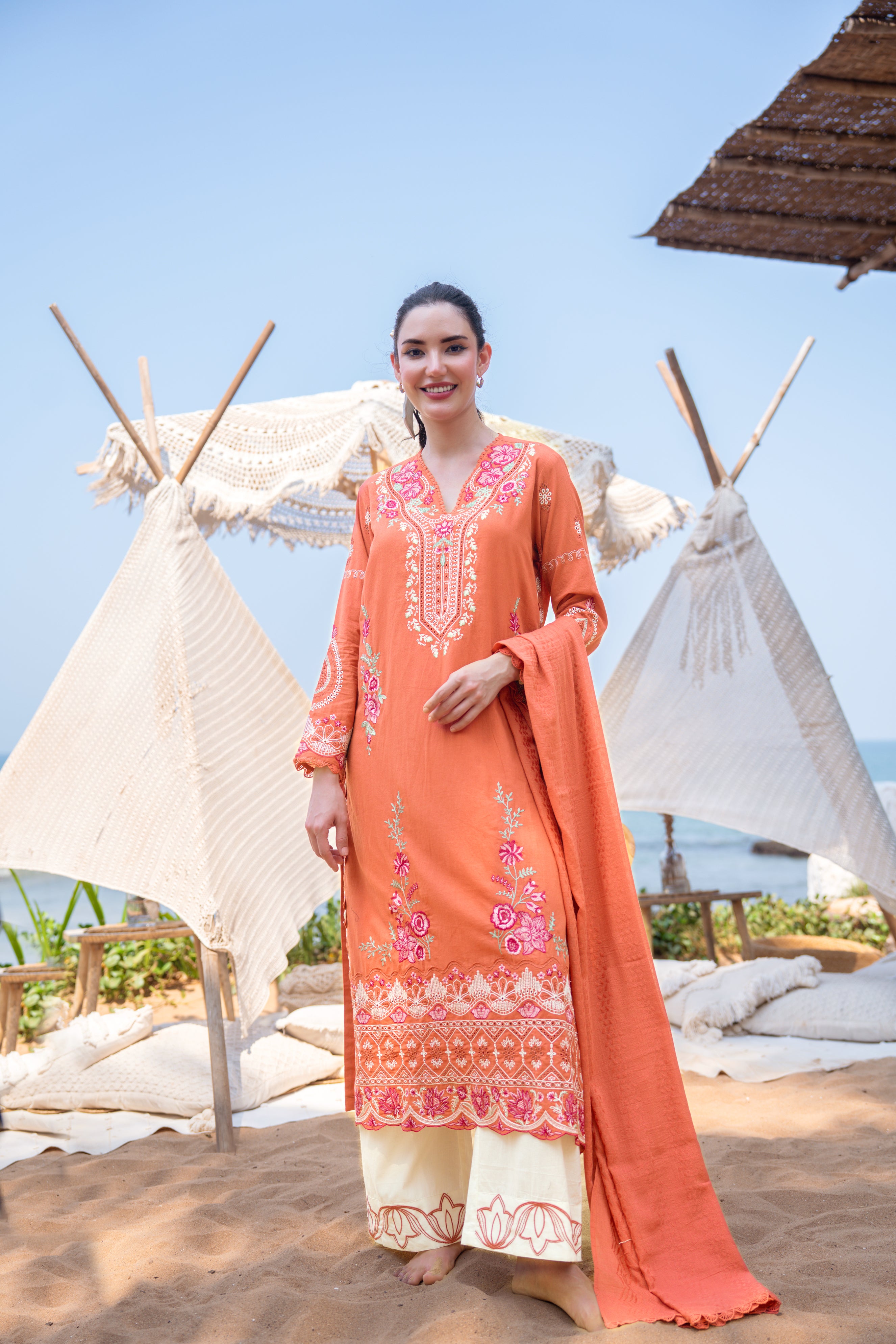 Rust Flora Embroidered Cotton Pant Set