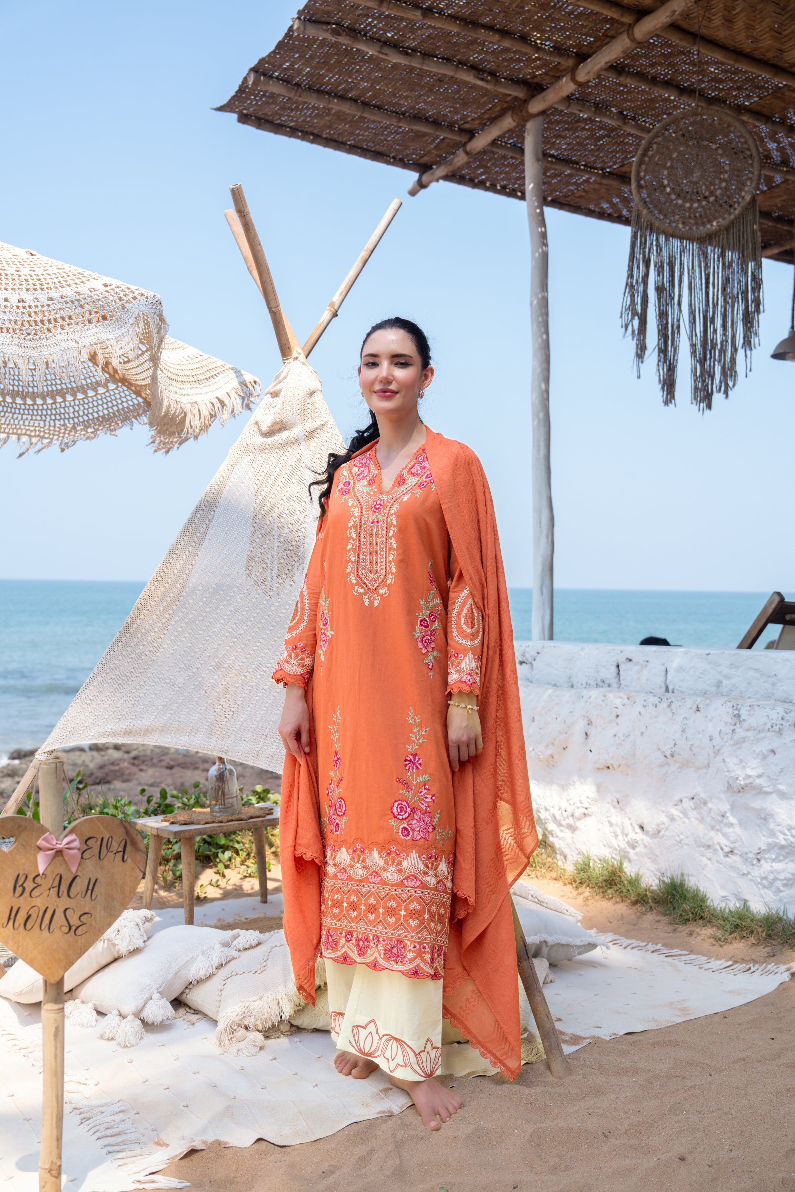 Rust Flora Embroidered Cotton Pant Set