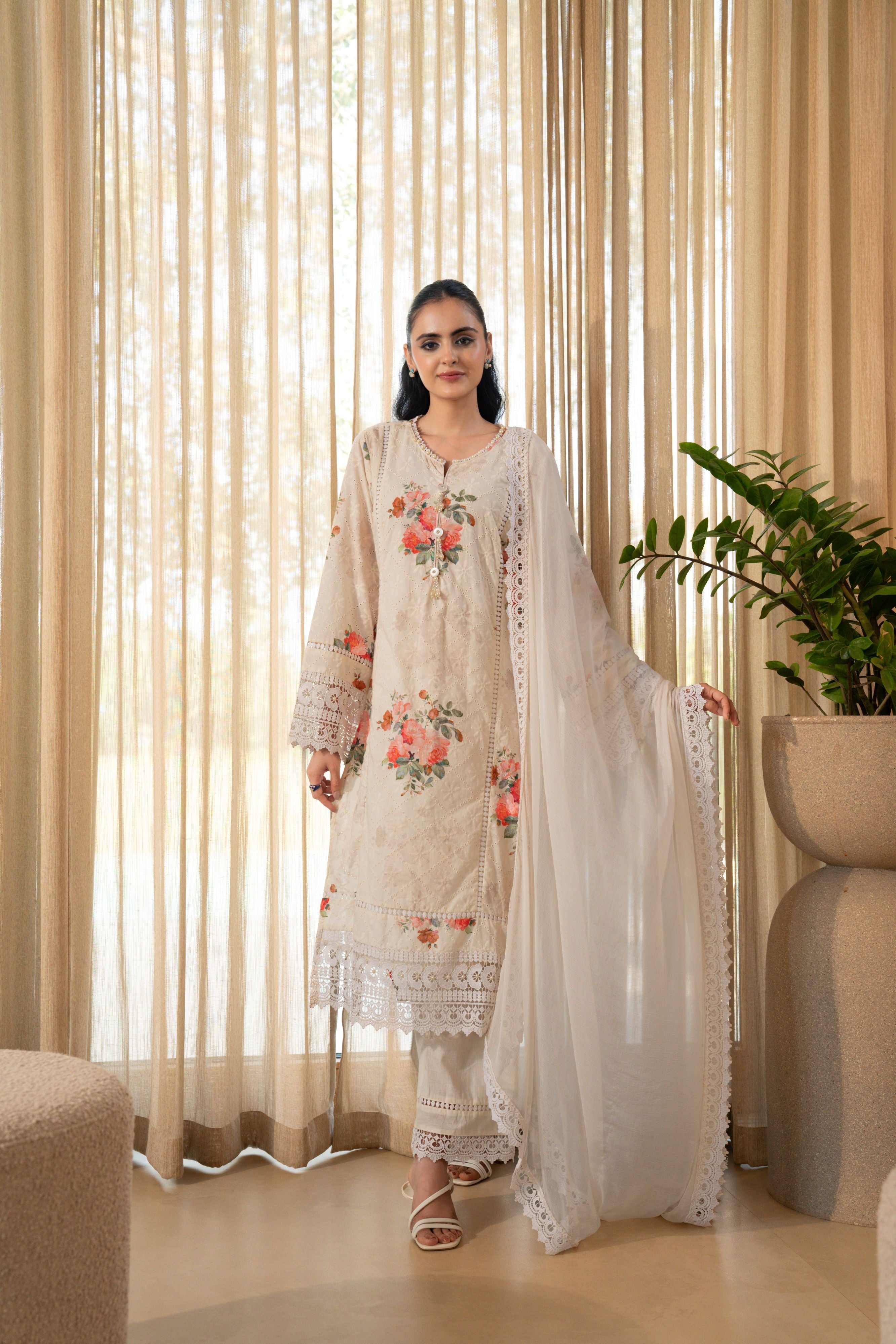 Ivory Rose Embellished Cotton Pant Set