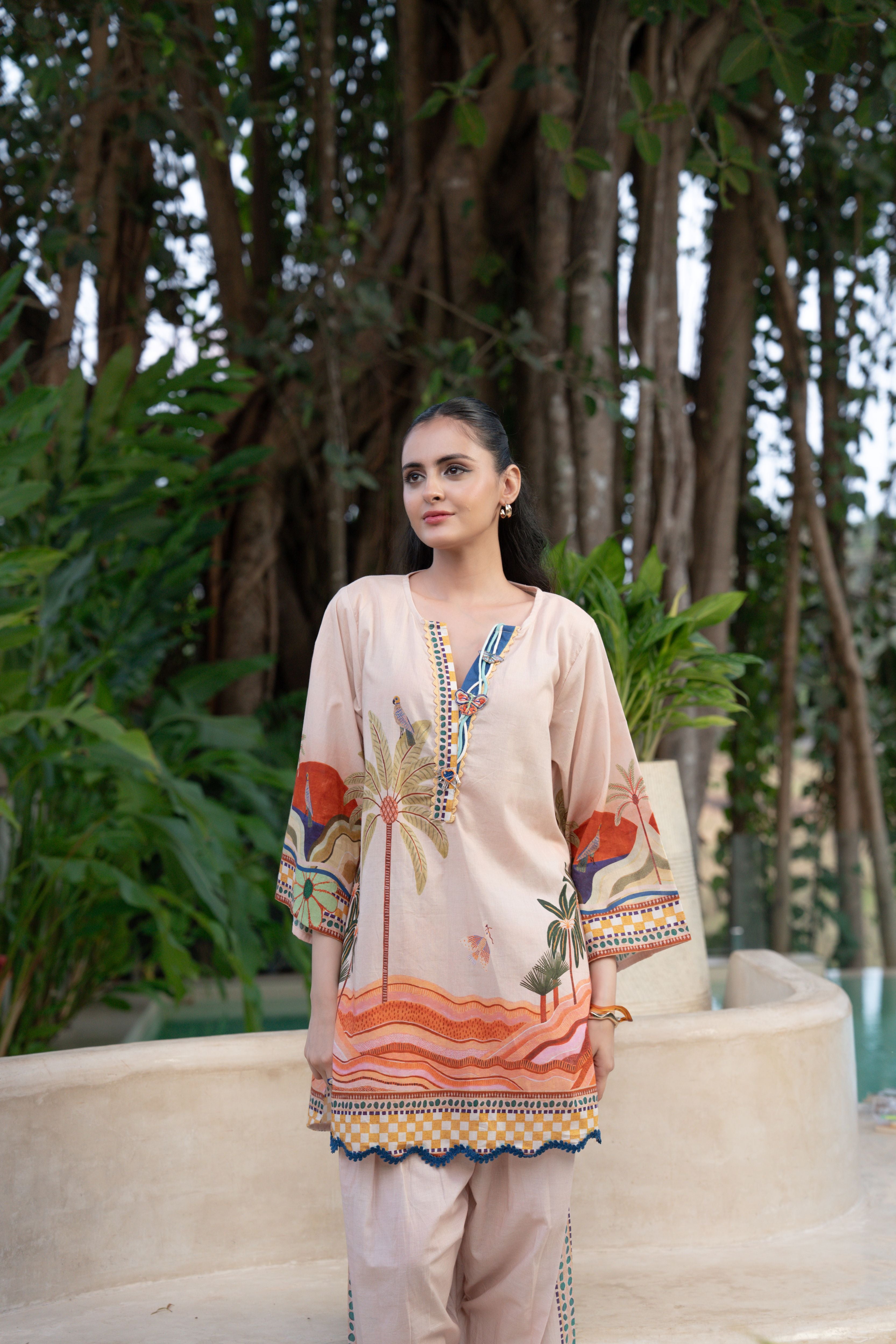 Dessert Beige Printed Cotton Co-Ord Set