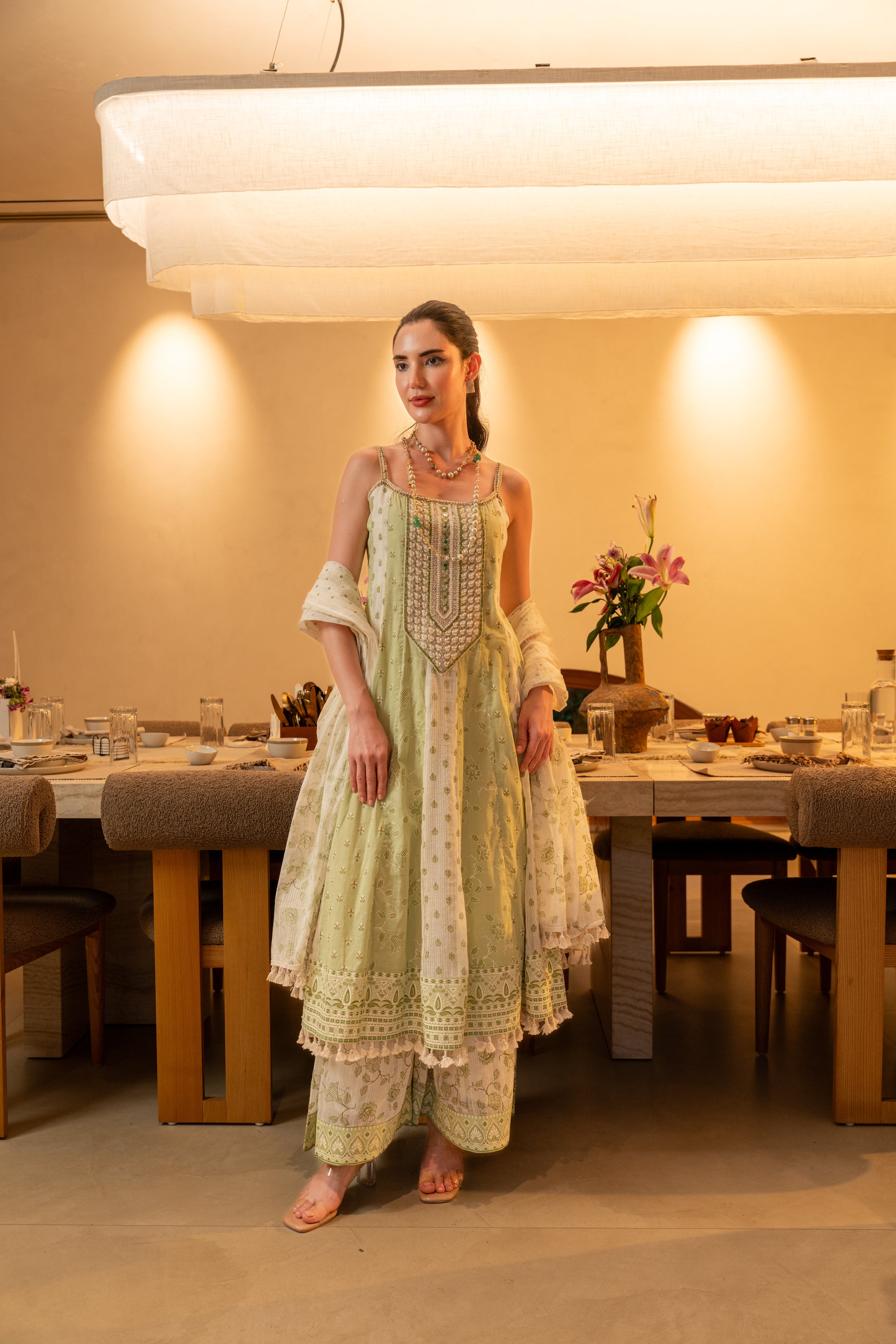 Sage Mist Embellished Cotton Anarkali Set