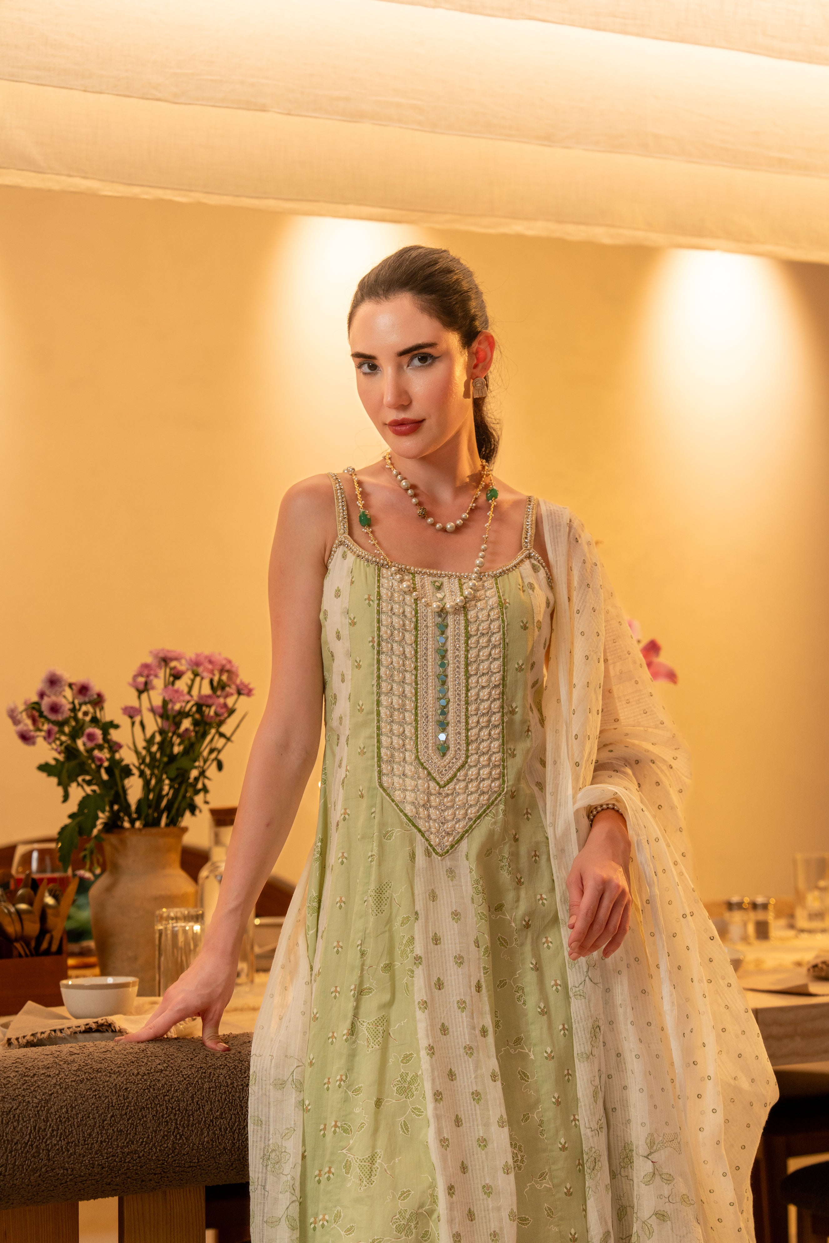 Sage Mist Embellished Cotton Anarkali Set
