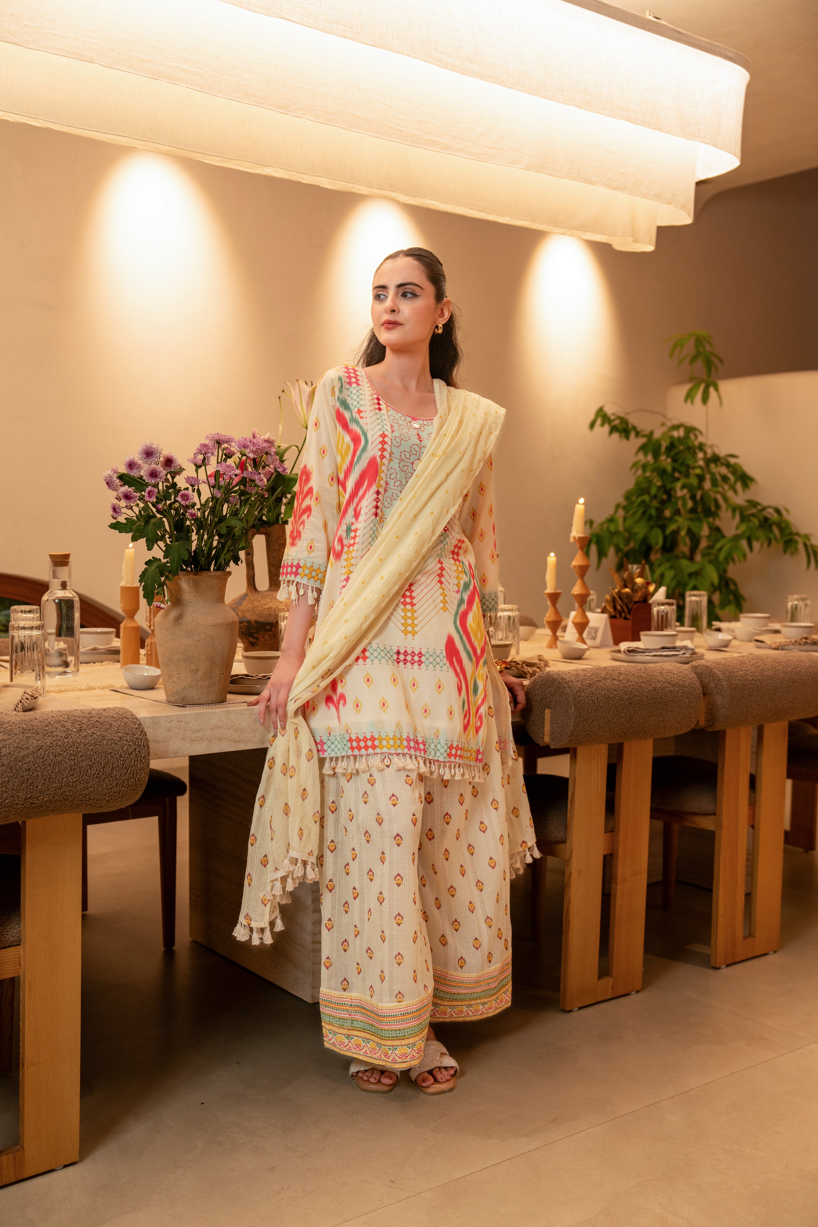 Boho-Chic Embellished Cotton Palazzo Set