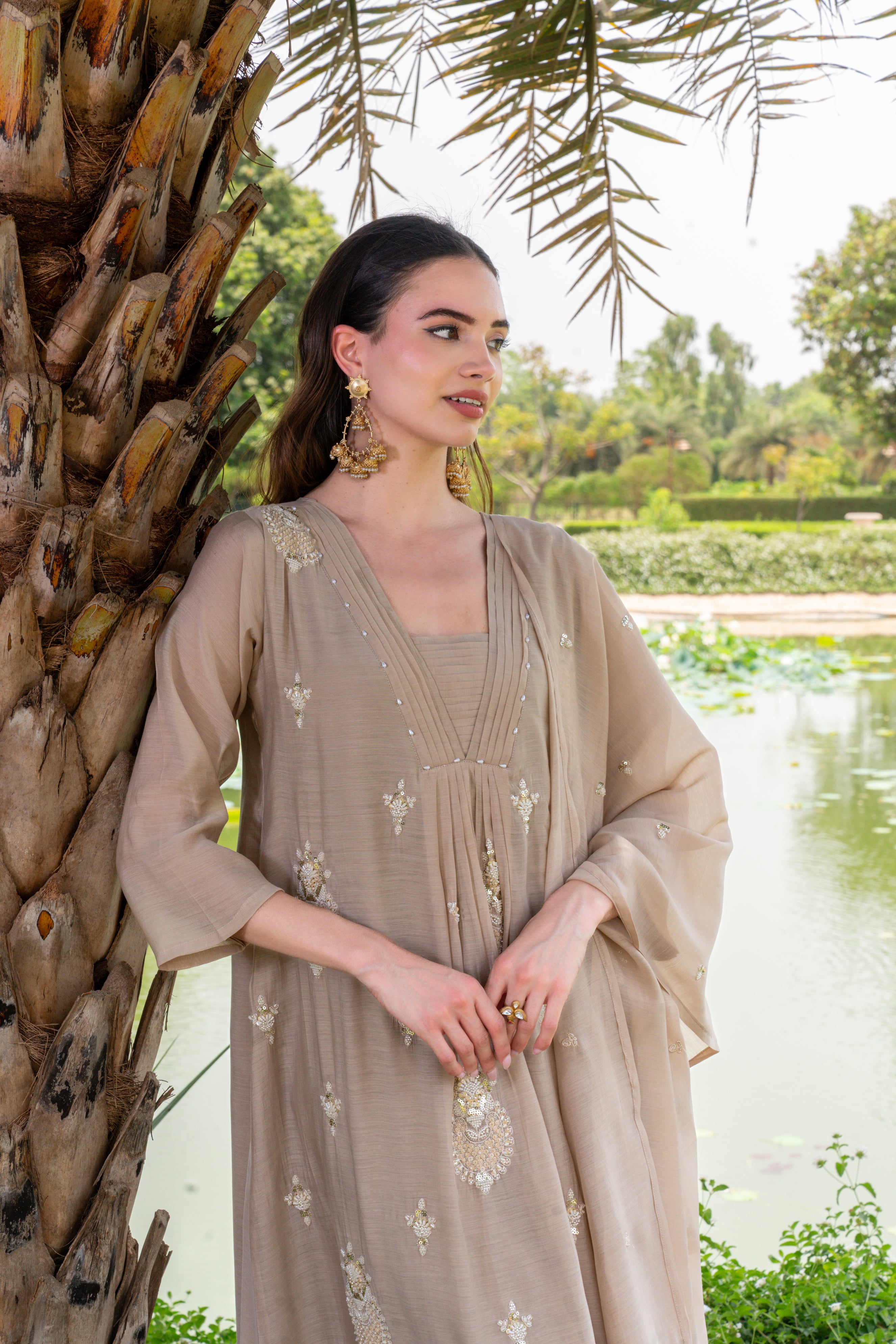 Muted Fawn Embellished Premium Silk Anarkali Set