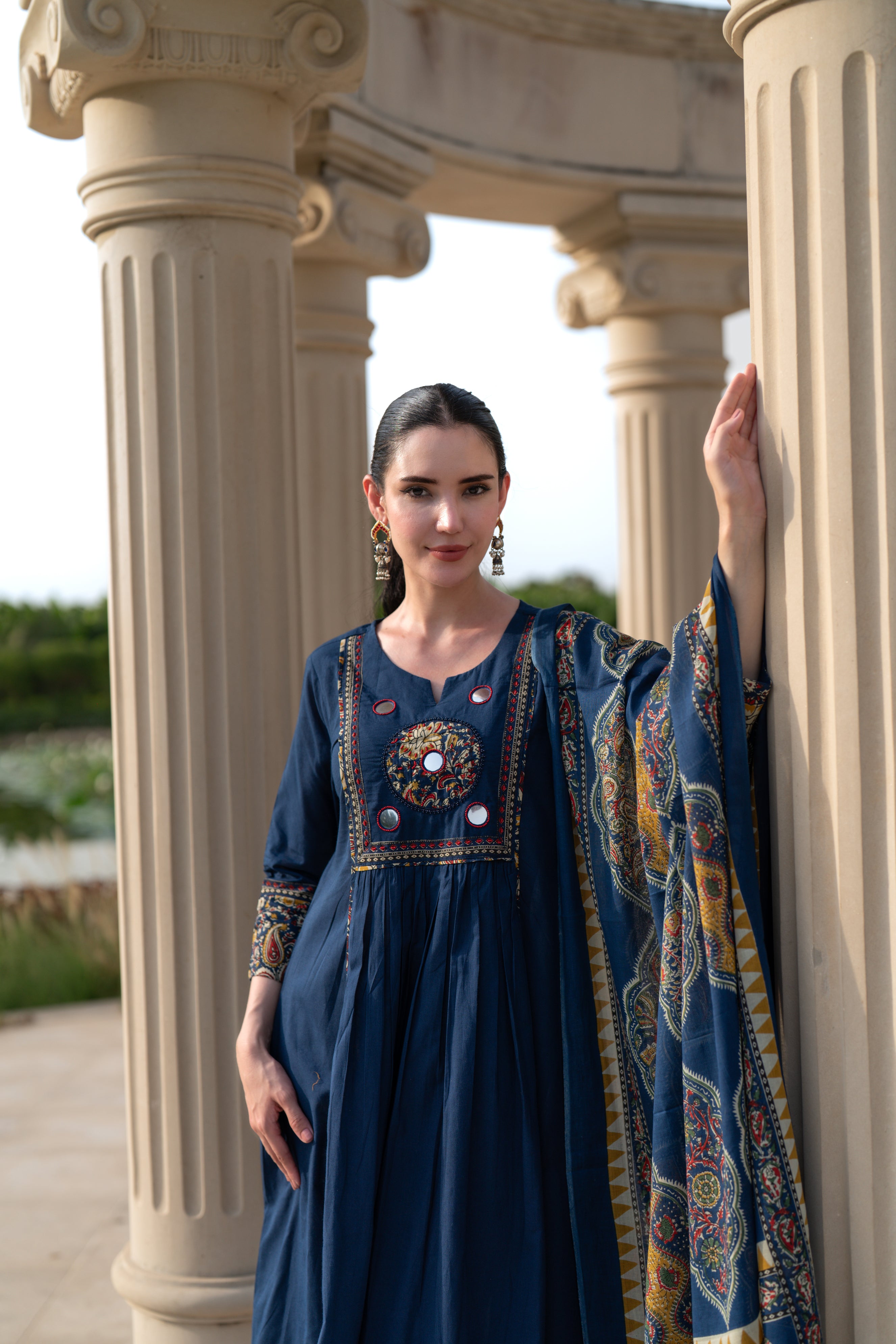 Sapphire Kalamkari Printed Cotton Anarkali Set