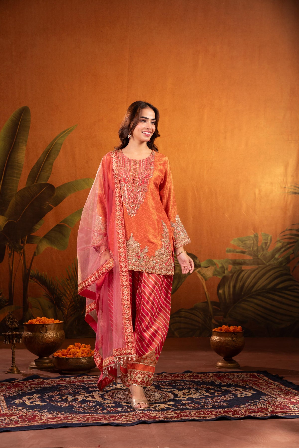 Tangerine Orange Embellished Shimmer Silk Salwar Set