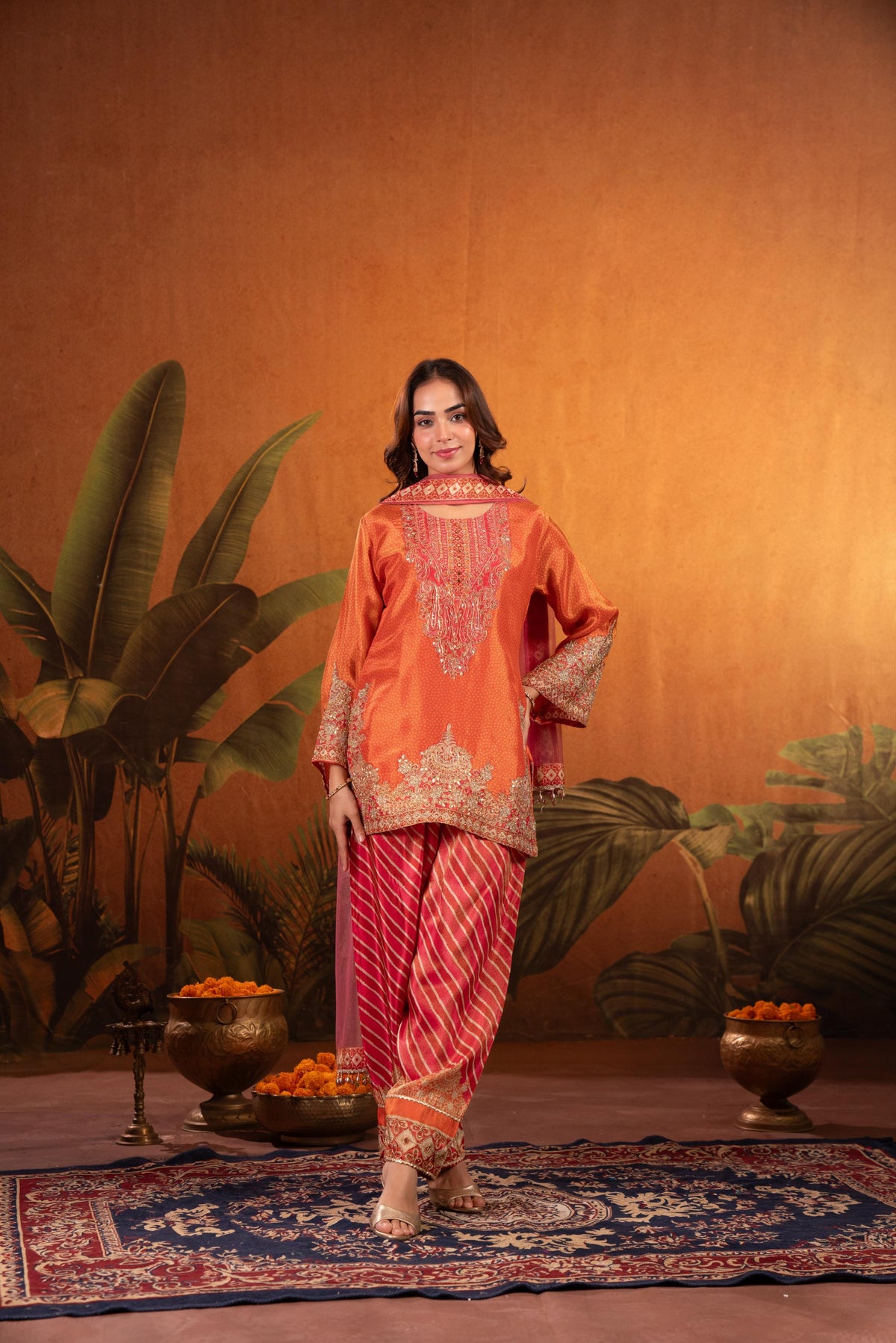 Tangerine Orange Embellished Shimmer Silk Salwar Set