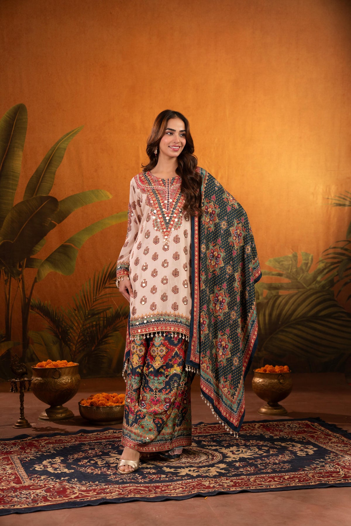 Champagne Beige Crepe Satin Silk Palazzo Set