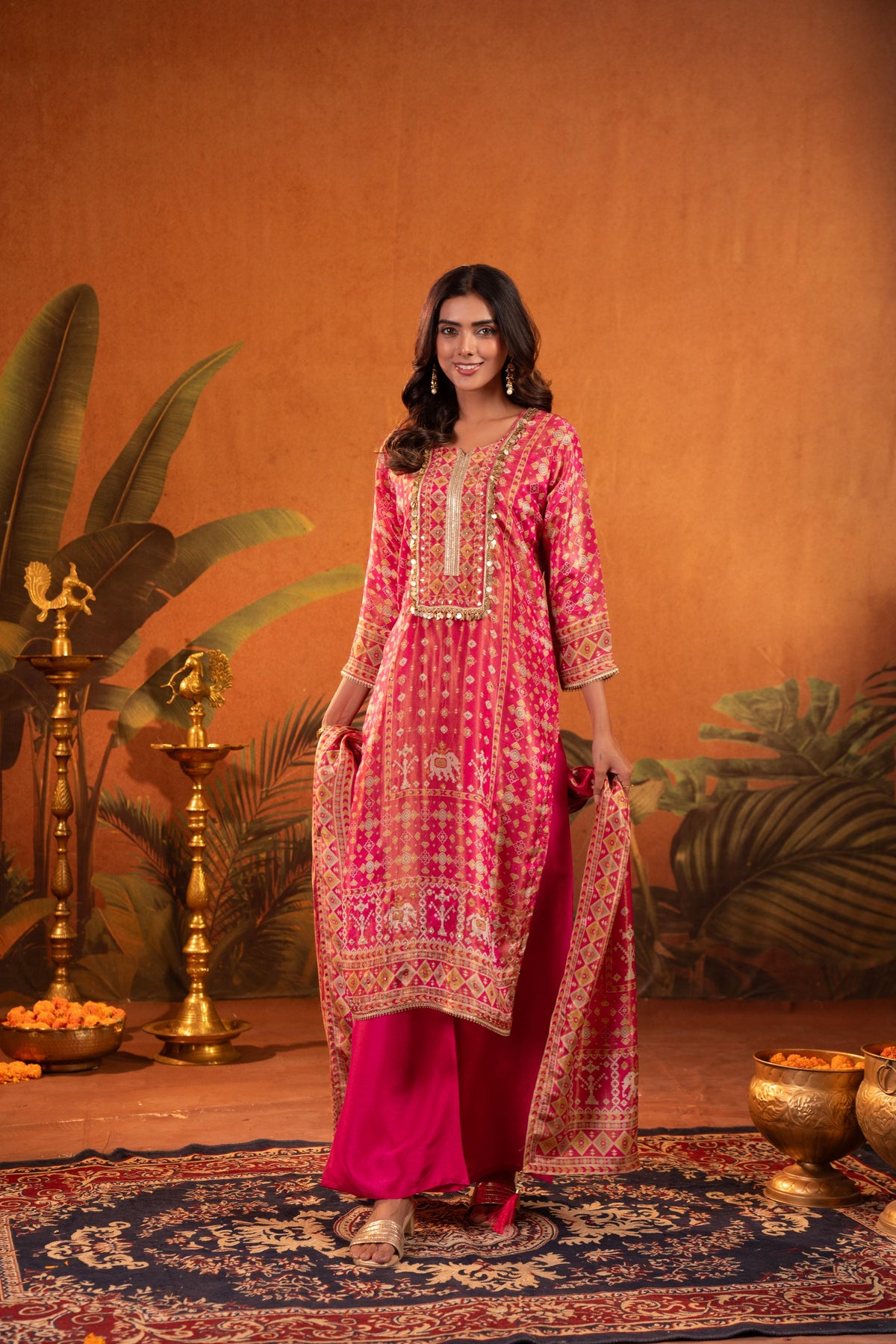 Bright Pink Embellished Shimmer Silk Pant Set