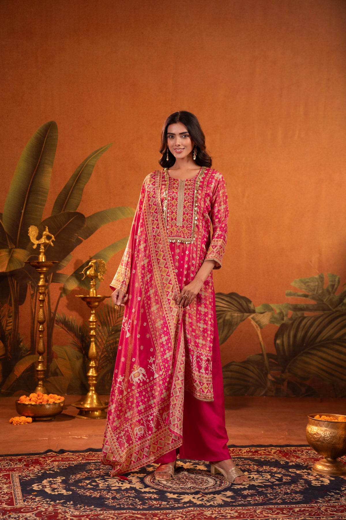 Bright Pink Embellished Shimmer Silk Pant Set