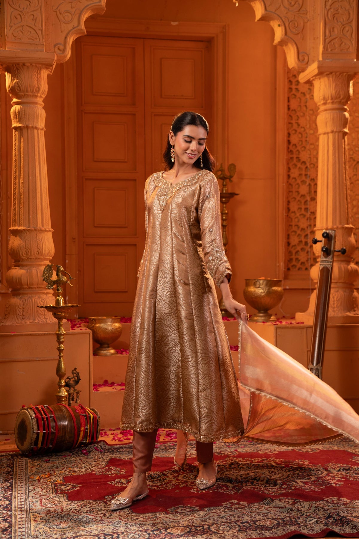 Walnut Brown Embellished Brocade Silk Pant Set