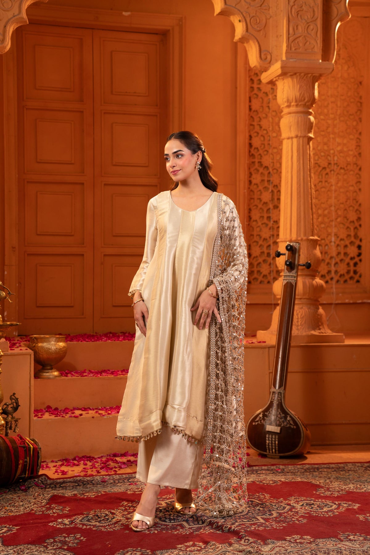 Cream & Silver Gold Embellished Jacquard Silk Anarkali Set