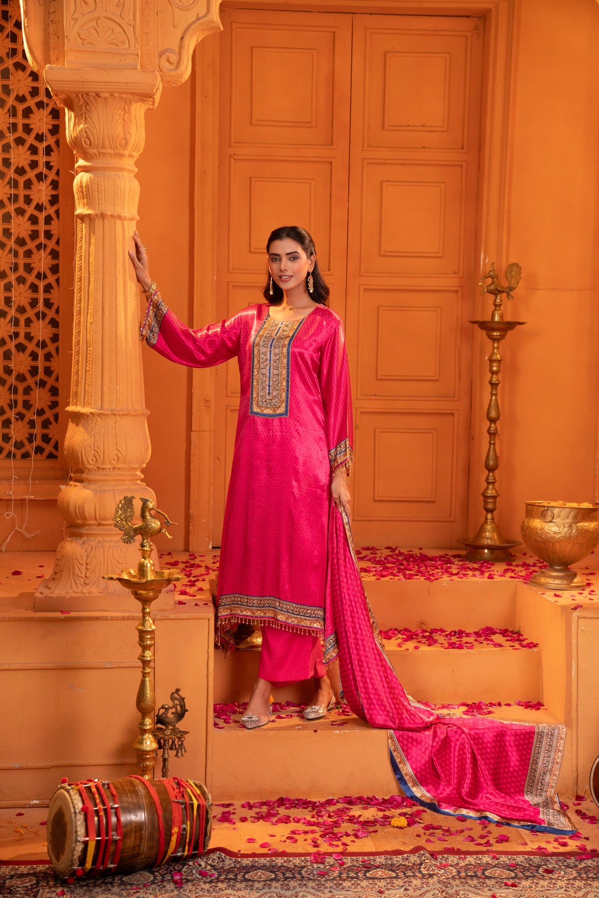 Hot Pink Embellished Crepe Satin Silk Palazzo Set