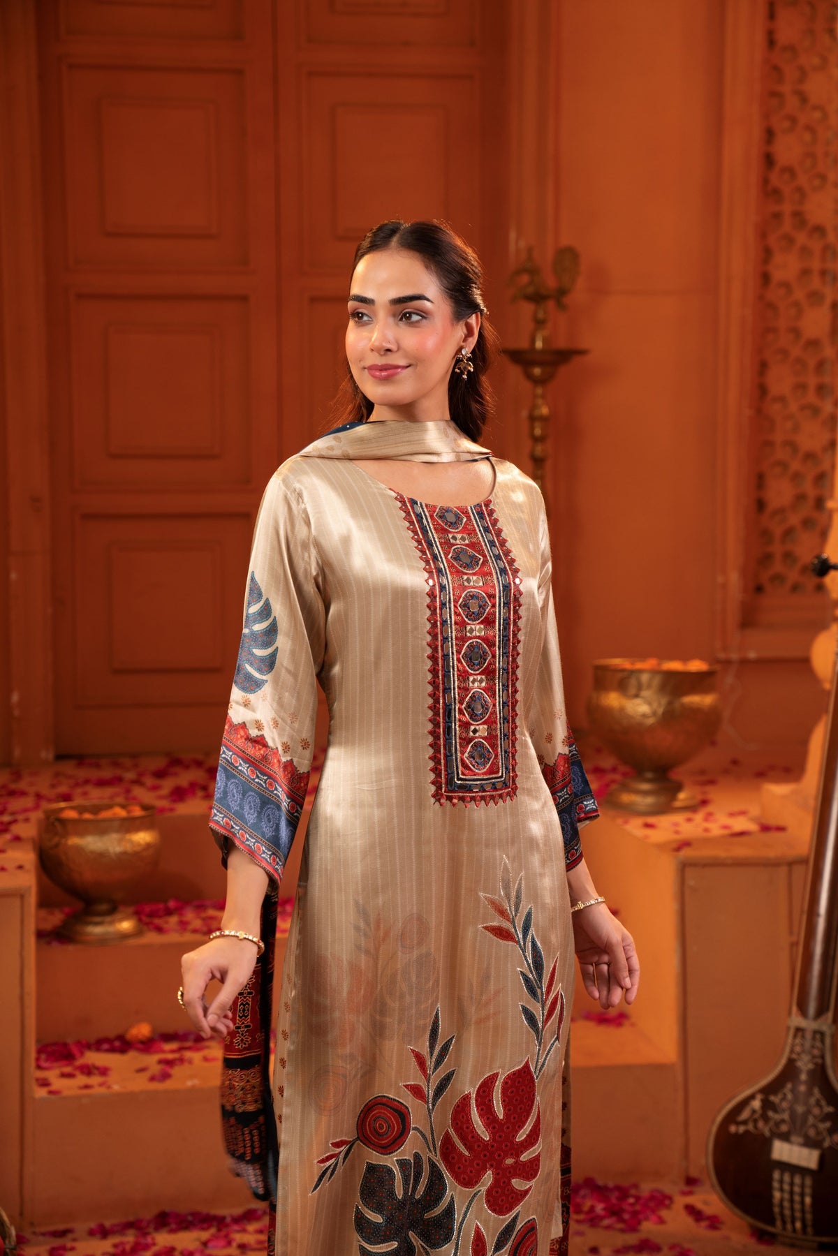 Beige Embellished Muslin Silk Pant Set