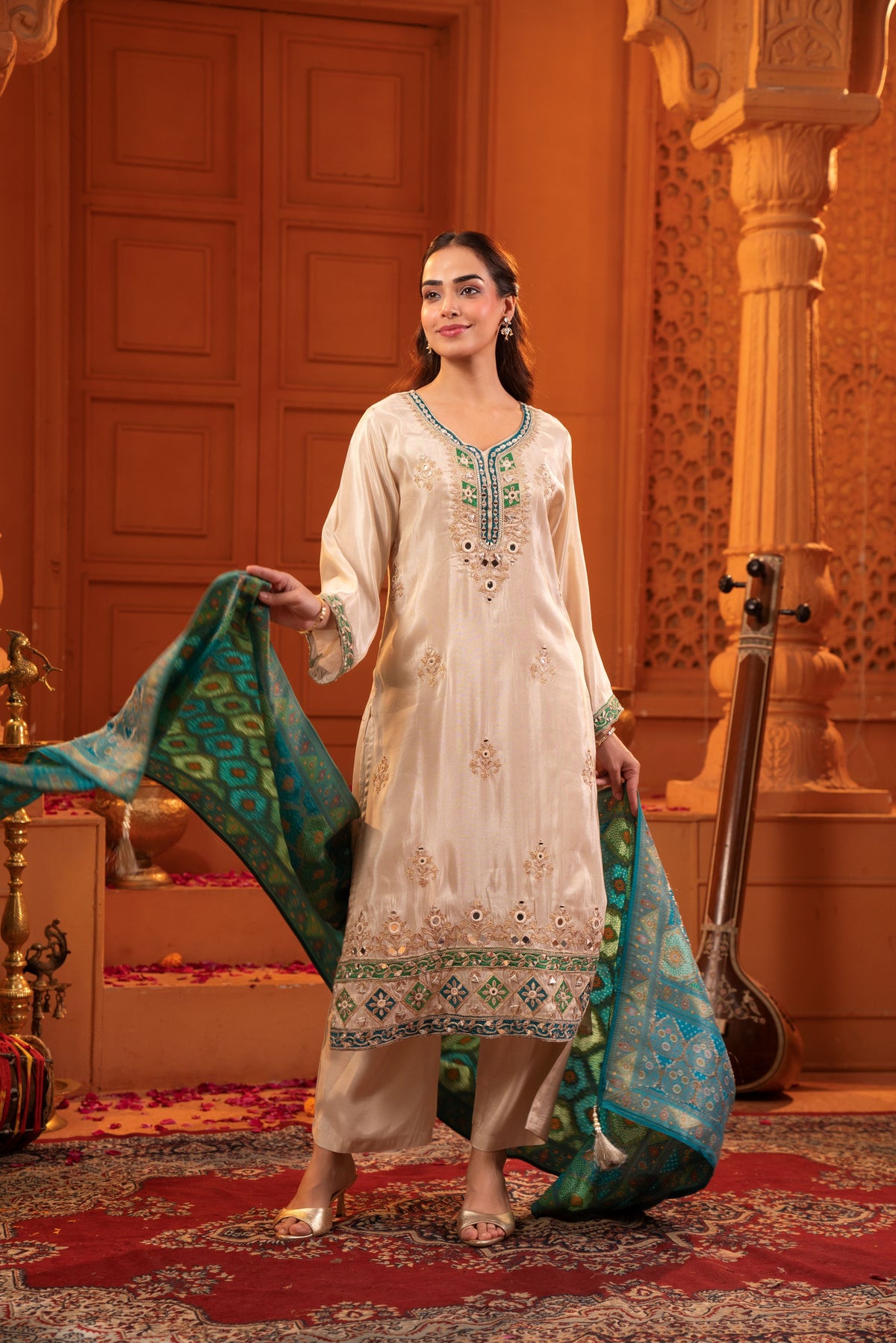 Cream Embellished Shimmer Silk Pant Set