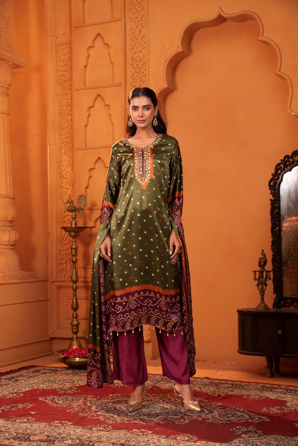 Olive Green Embellished Gaji Silk Palazzo Set
