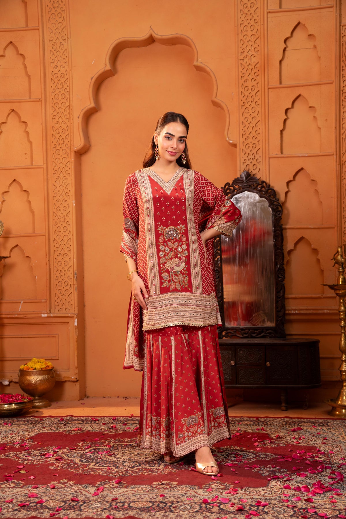 Rust Red Embellished Crepe Silk Sharara Set