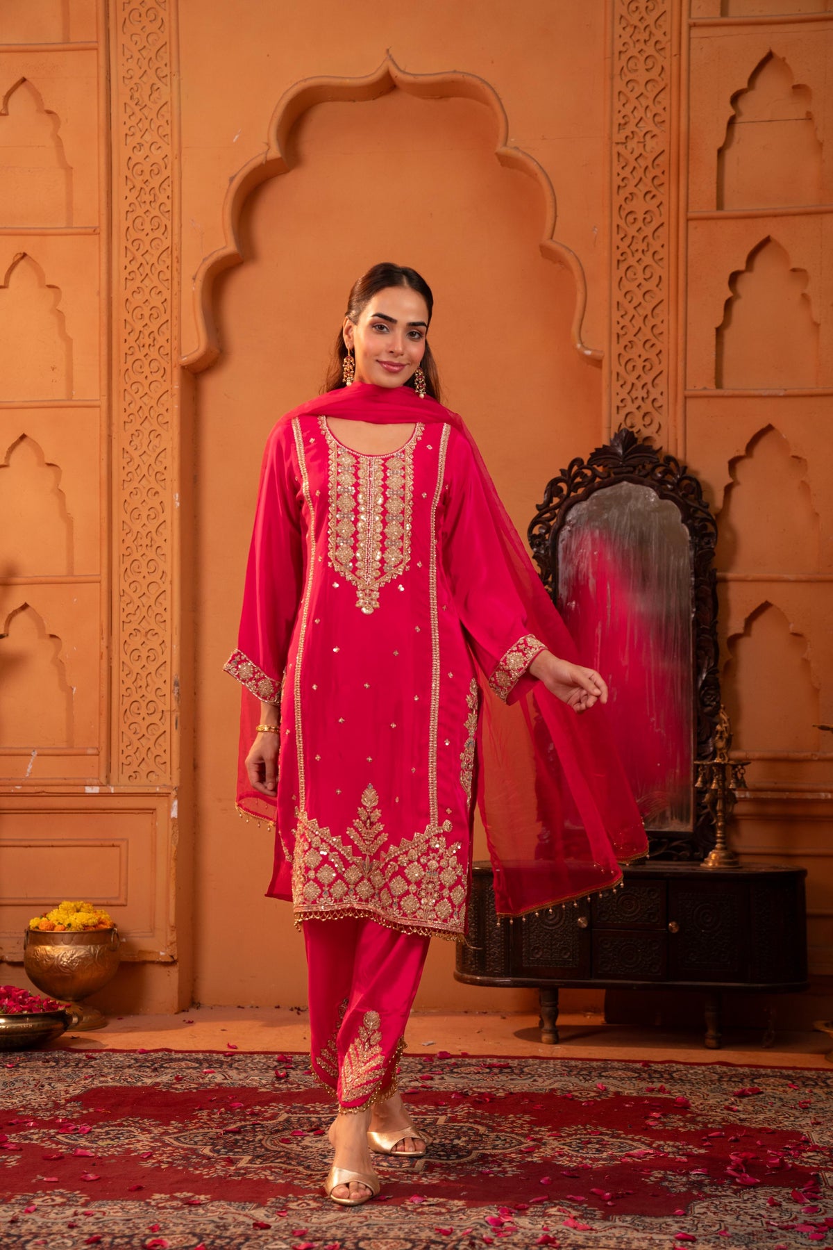 Fuchsia Pink Embellished Crepe Silk Palazzo Set