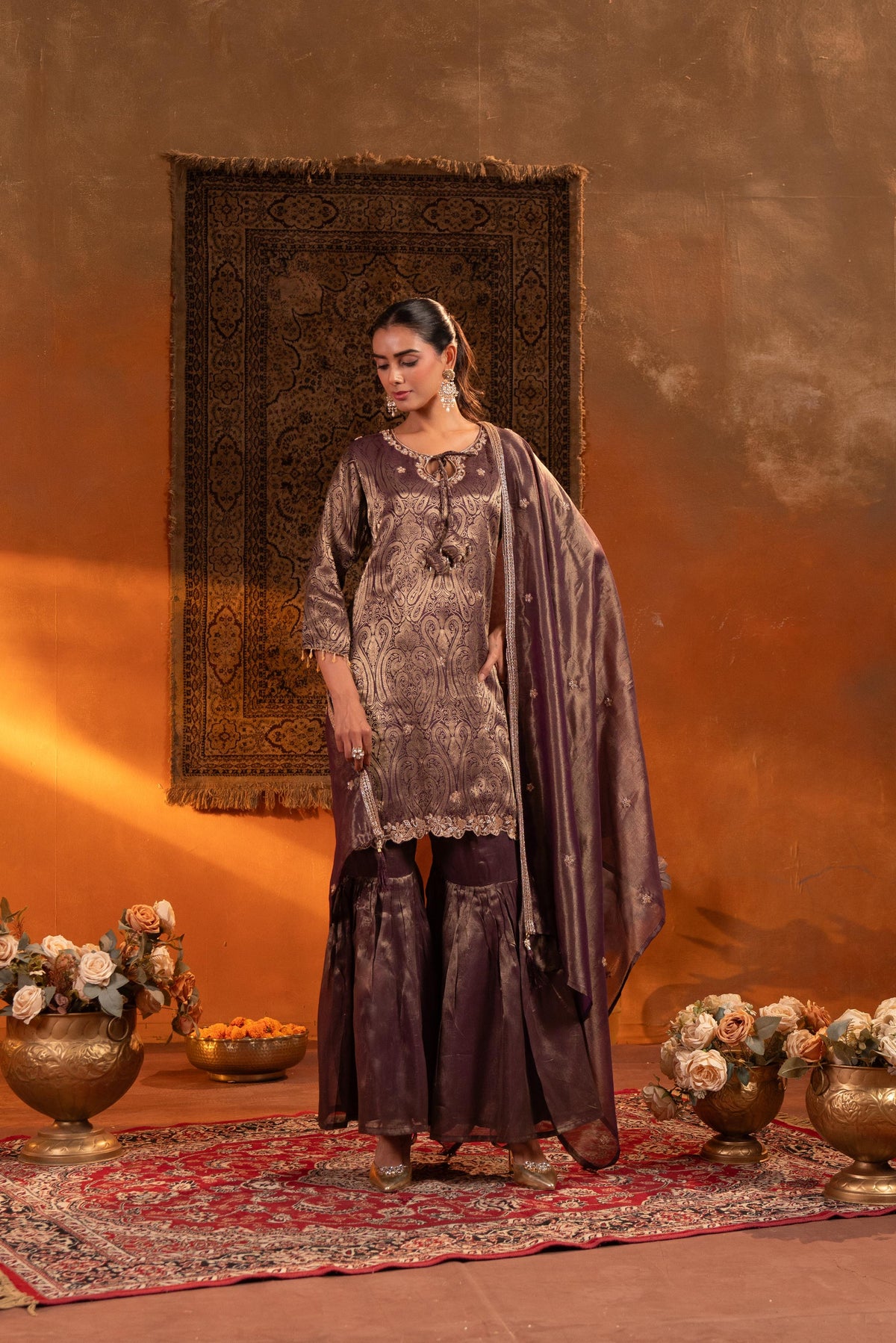 Metallic Plum Purple Embellished Brocade Silk Sharara Set