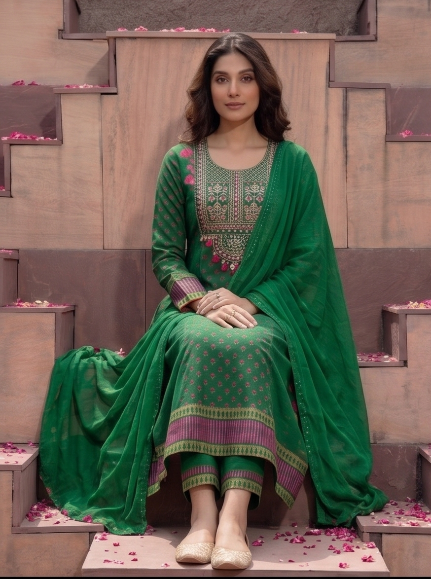 Emerald Green Embellished Crepe Silk Anarkali Set