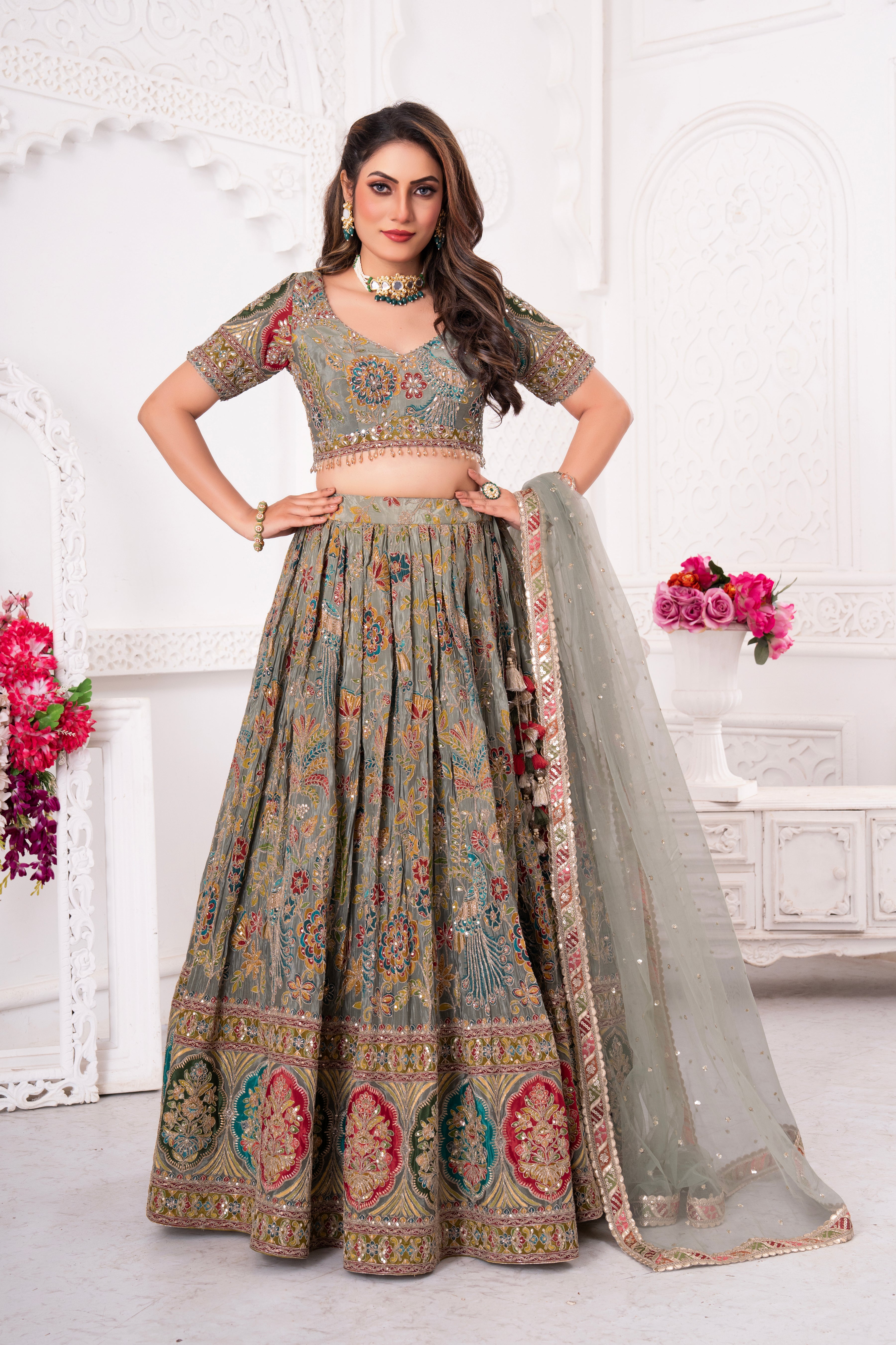 Pastel Grey Embellished Crepe Silk Lehenga Set