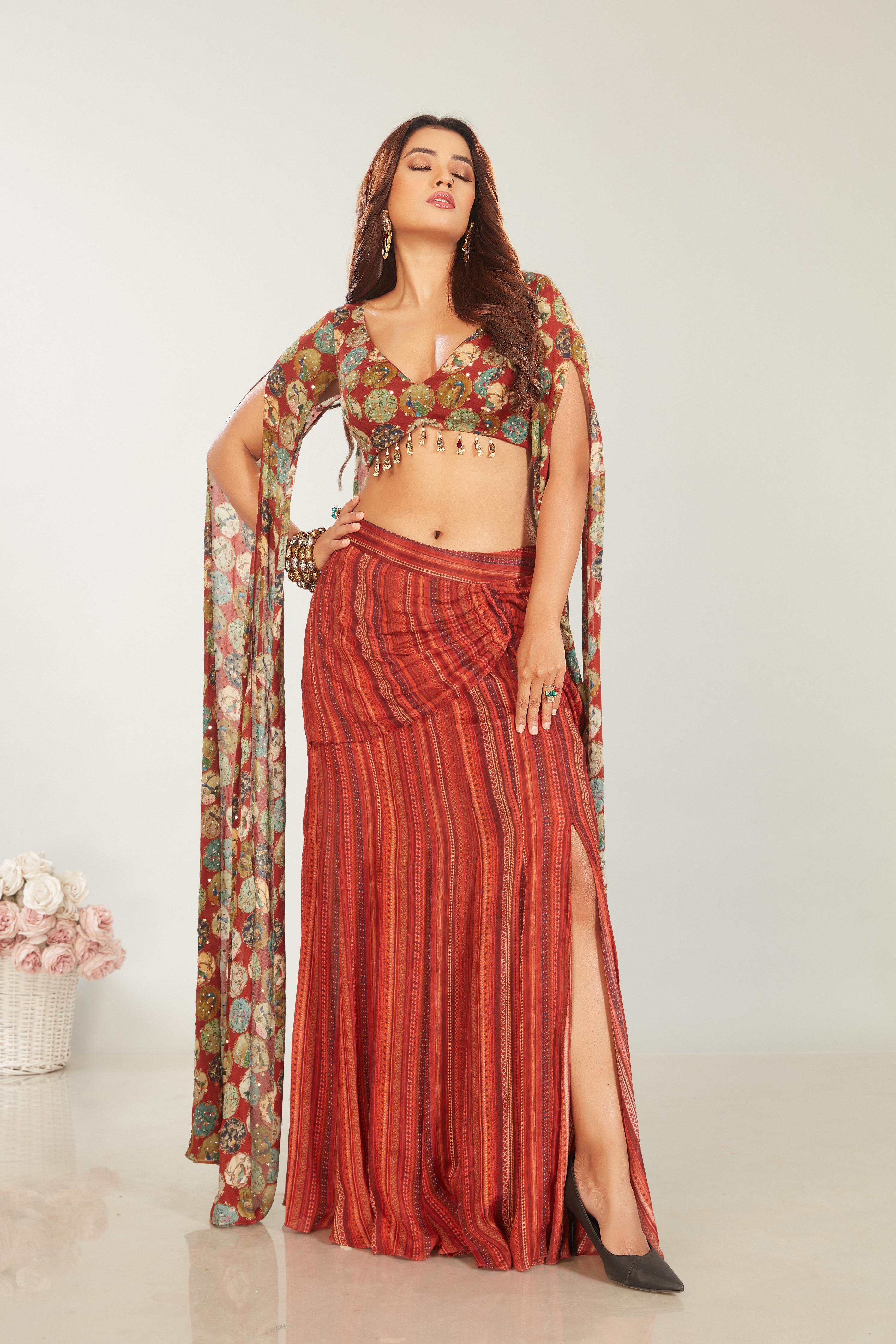 Rustic Red Embellished & Printed Chinon Silk Skirt Set